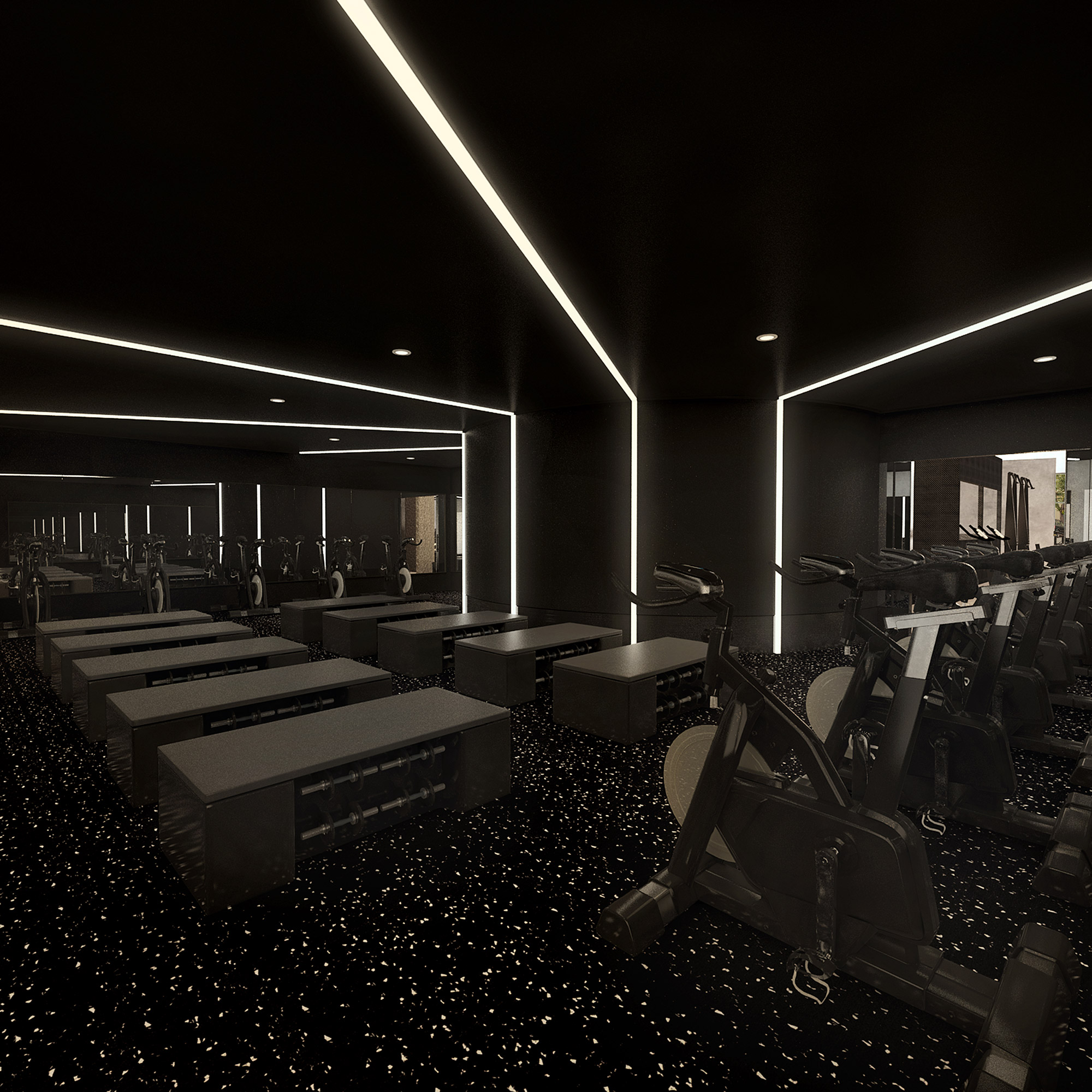 3D Rendering of a vibrant gym training room with yellow accents, strength equipment, and mirrored workout spaces