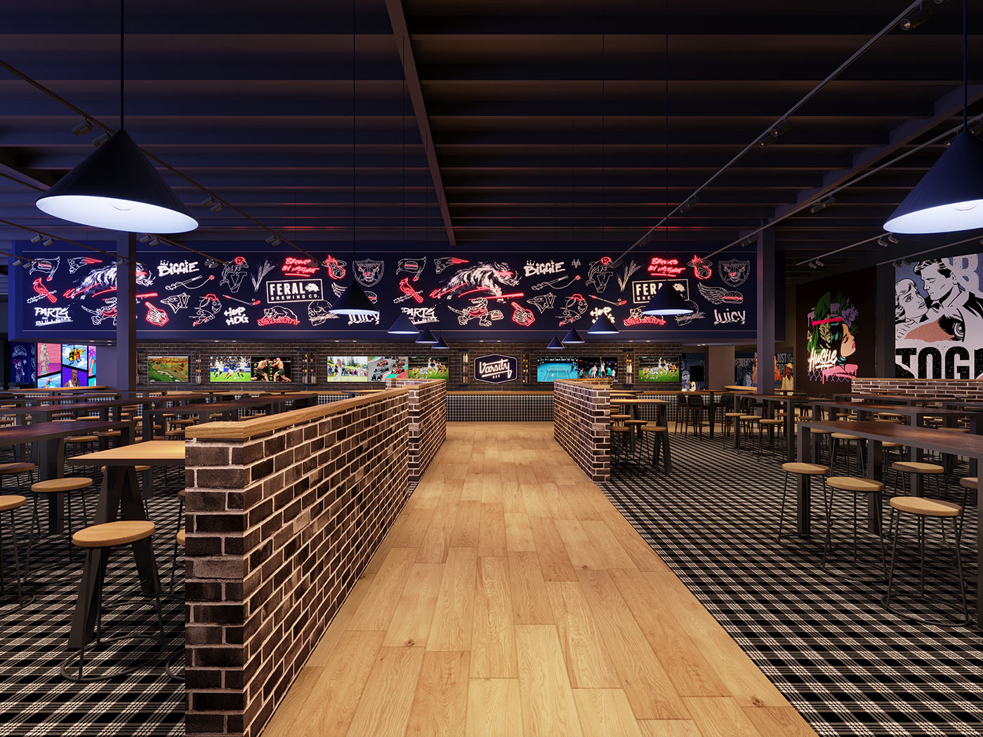 Sports bar interior with large screens, brick finishes and communal seating in entertainment venue