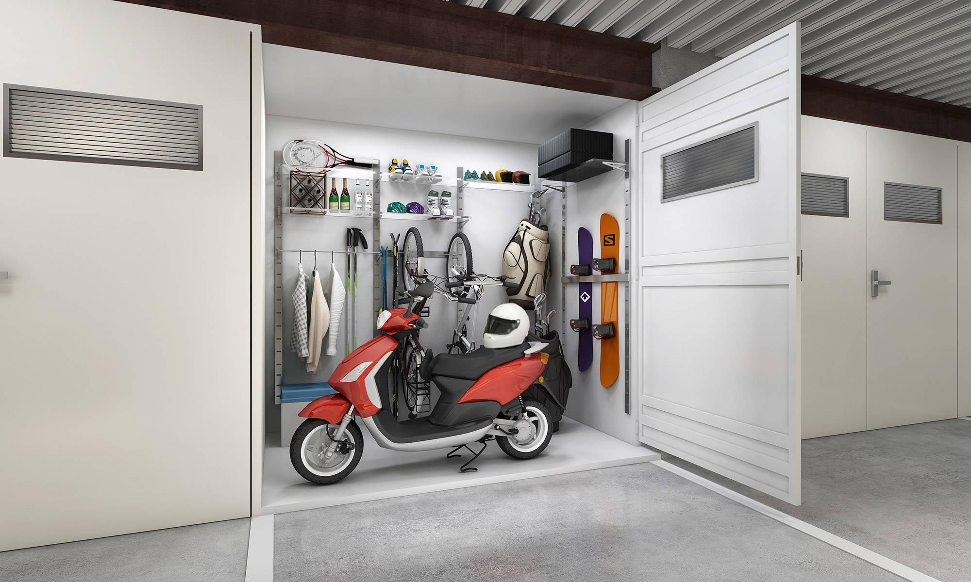 Organised storage unit interior with scooter, shelving, sports equipment and wall-mounted storage solutions