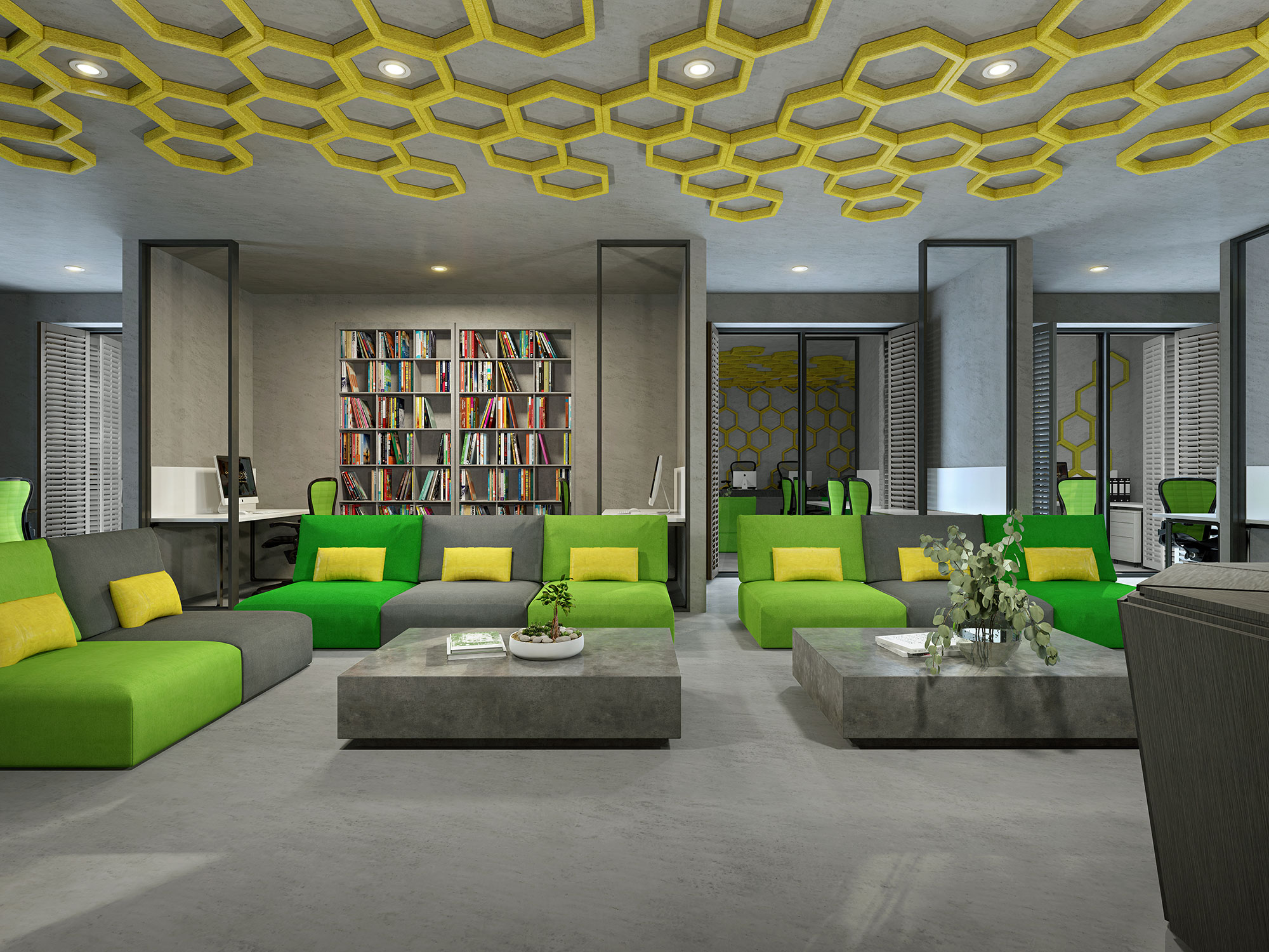 Student accommodation lounge 3D render with modular seating, study zones and geometric ceiling design