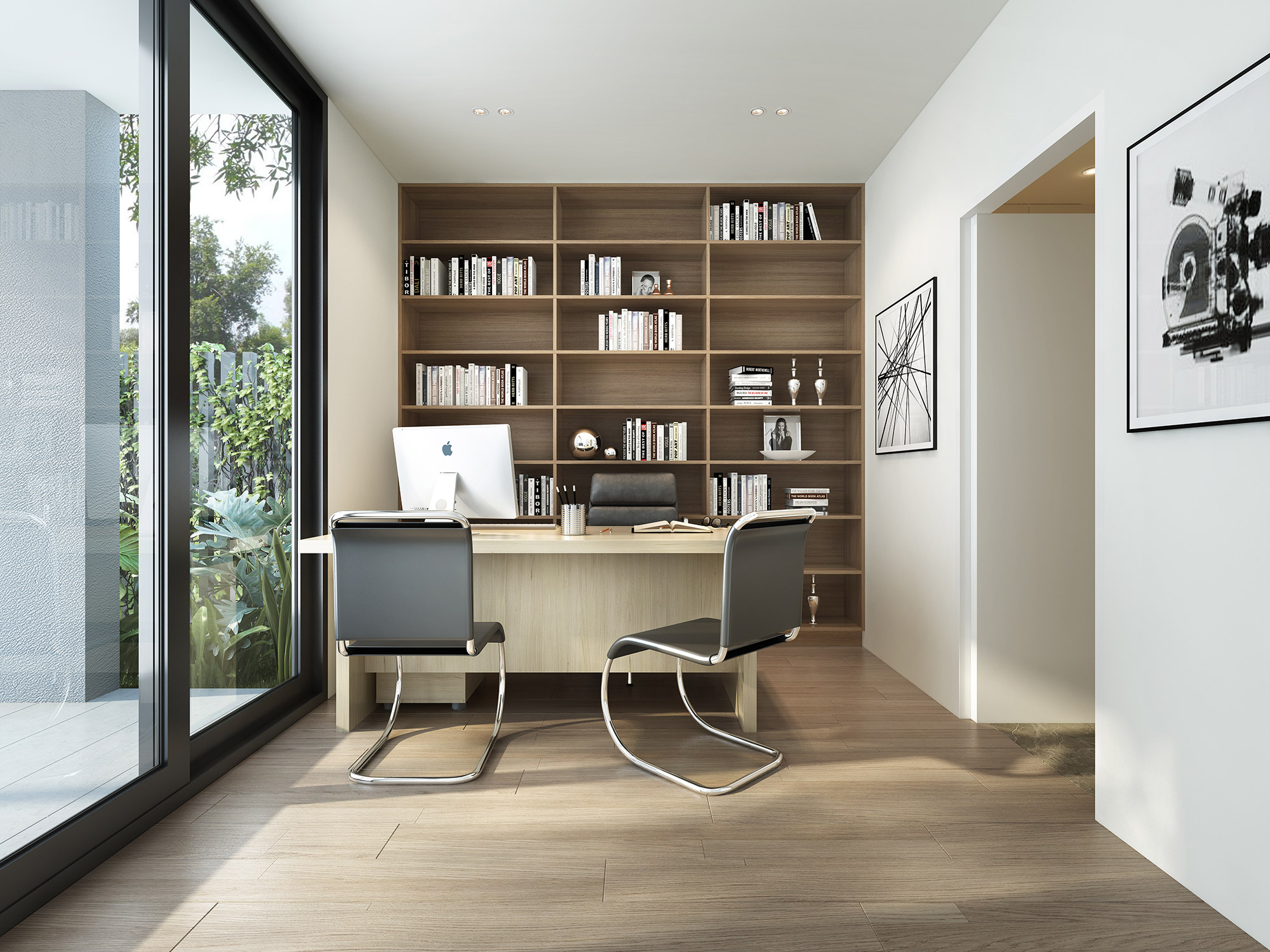 Contemporary study room with large bookshelf wall, desk setup and natural light from floor-to-ceiling windows