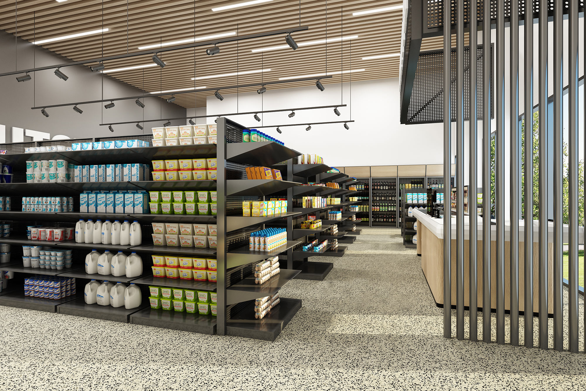 Supermarket interior 3D render showing grocery shelving, product displays, checkout area, and modern retail layout design