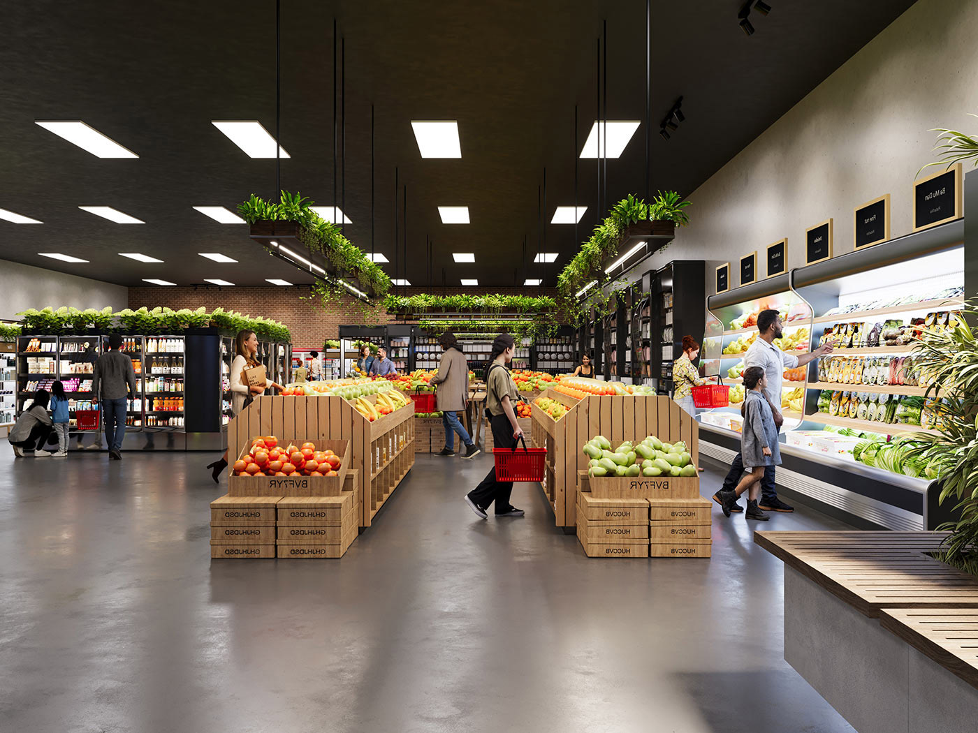Modern supermarket interior with fresh produce displays, shelving and integrated retail lighting design