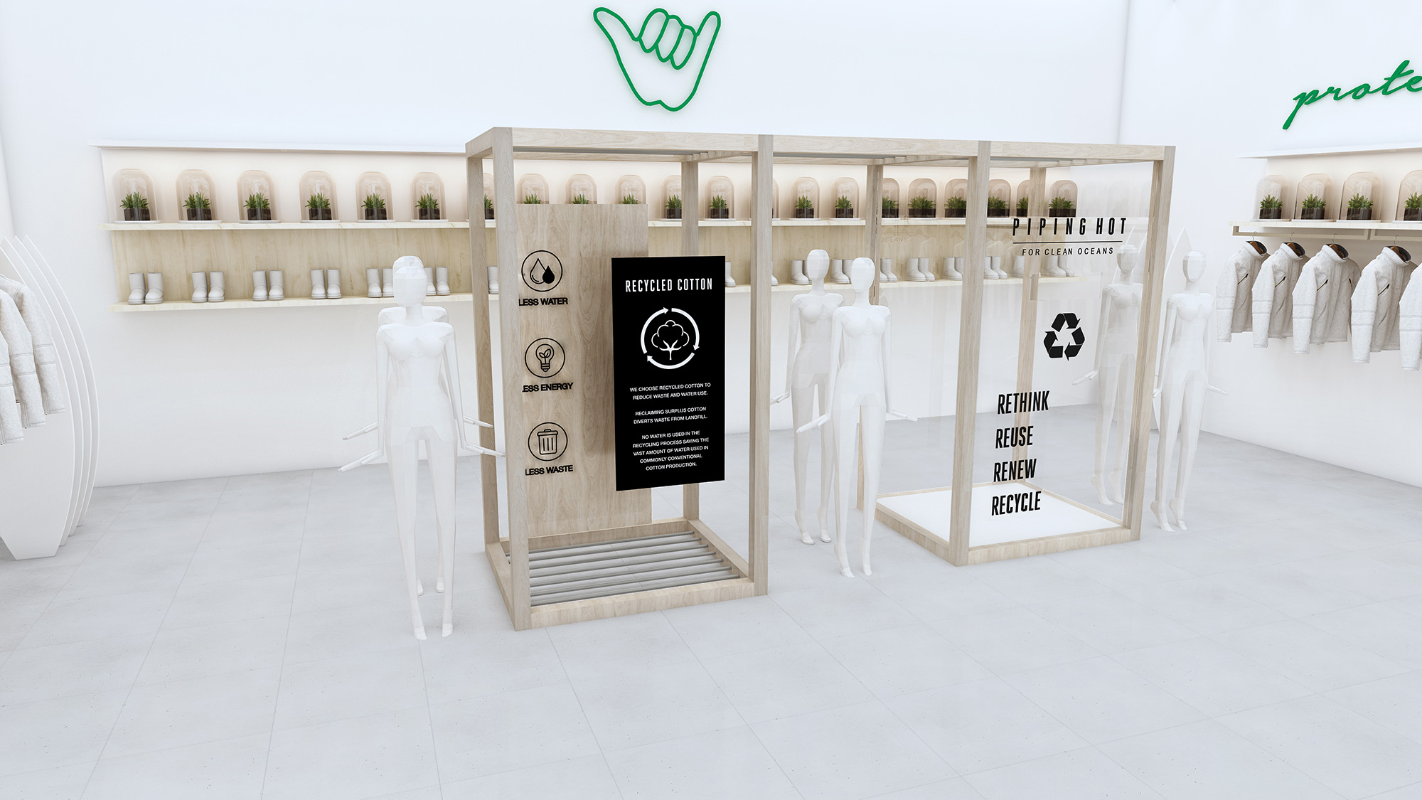 Sustainable retail display 3D render featuring eco messaging, recycled materials signage, mannequins, and modern store experience design