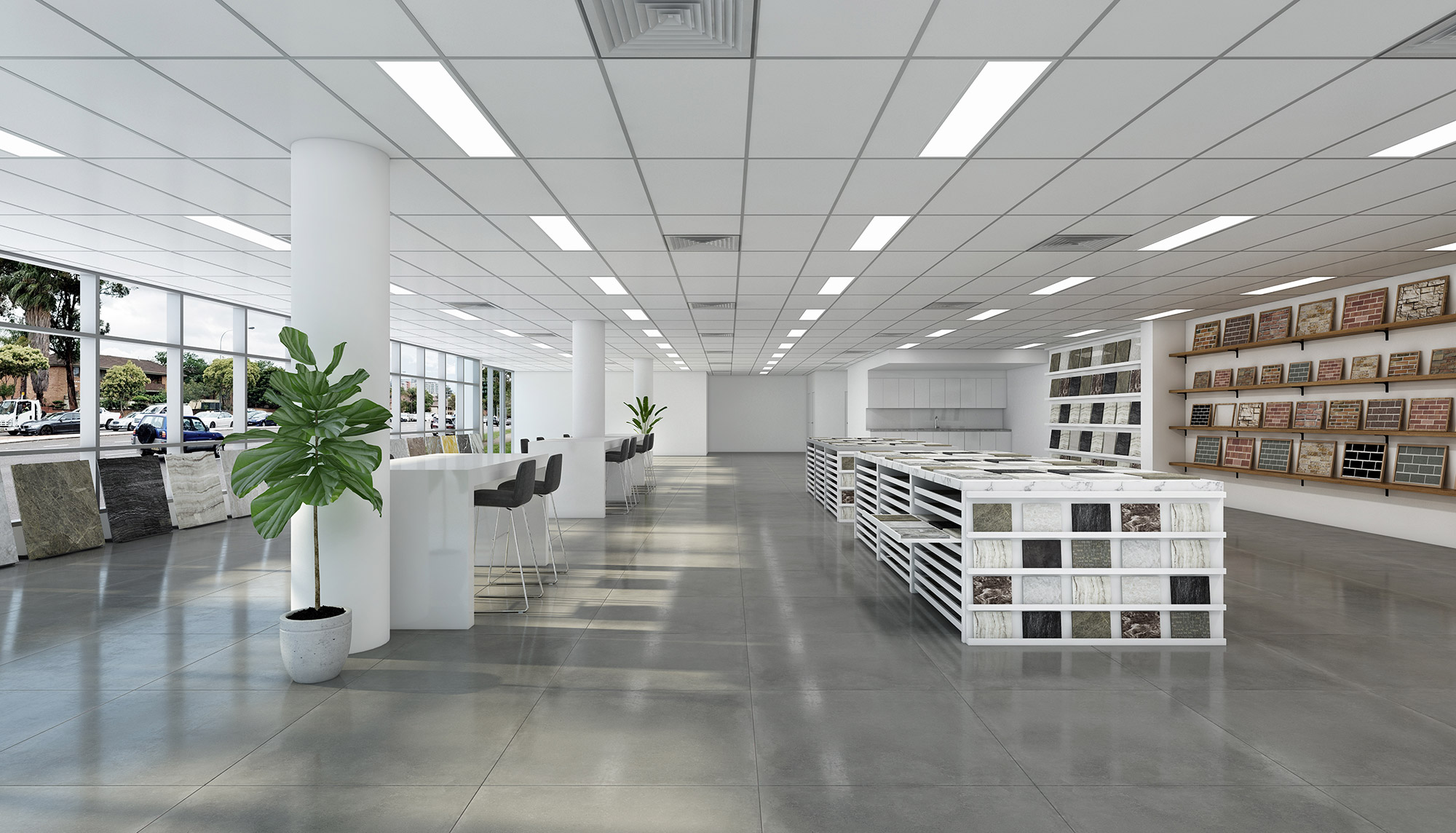 Tile and stone showroom interior 3D render with large sample displays, consultation benches and open commercial showroom layout