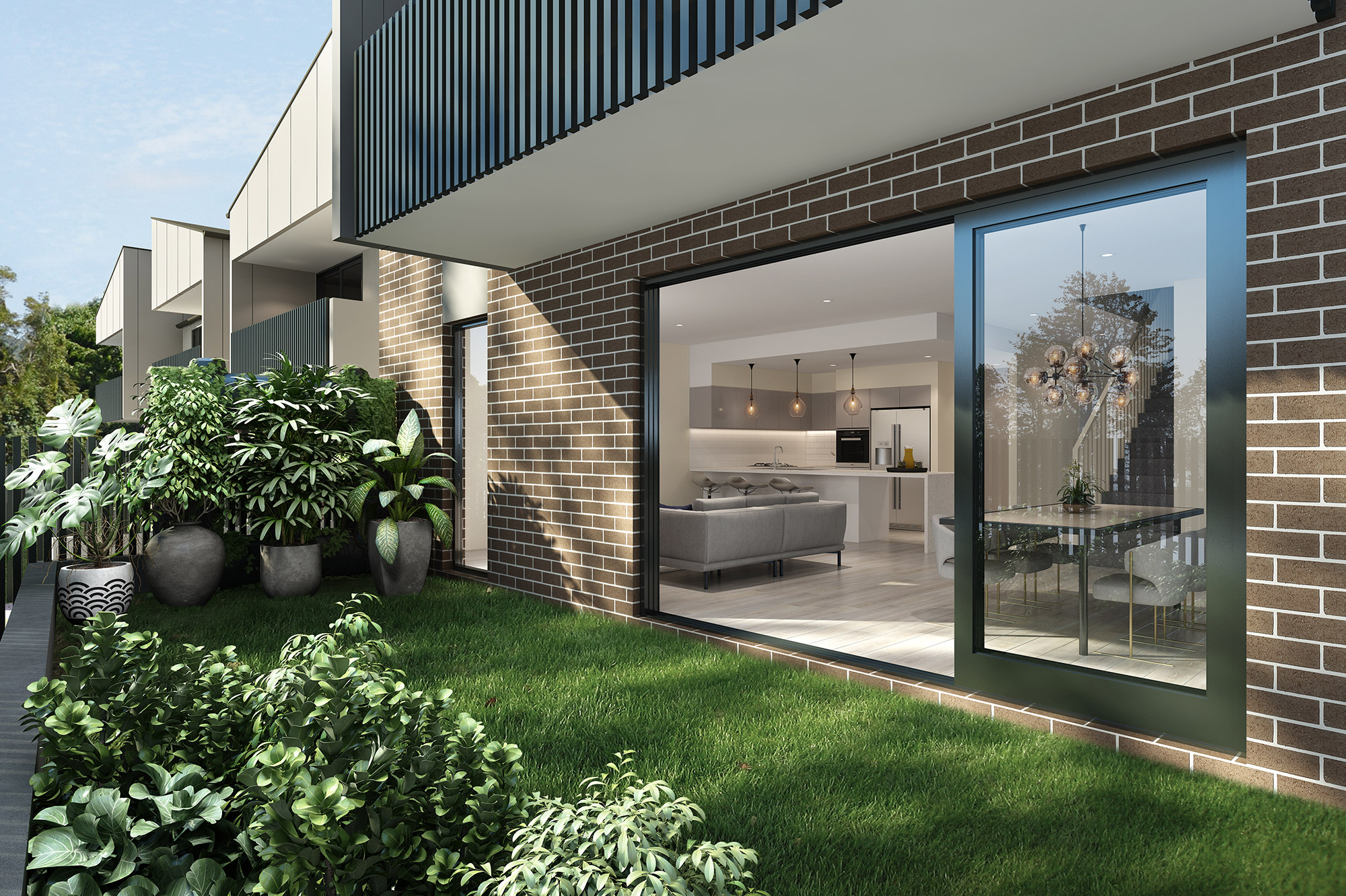 3D render of townhouse backyard with landscaping, large sliding doors and open plan kitchen living interior