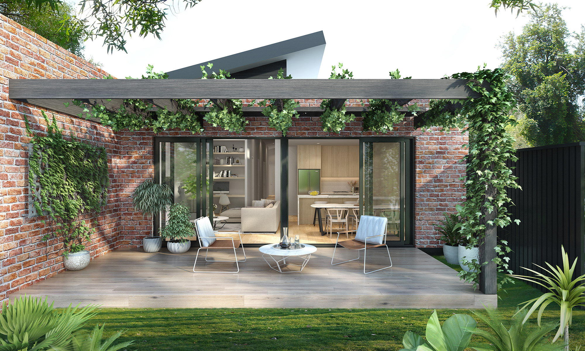 3D render of a tropical-style balcony with outdoor lounge seating and lush landscaping
