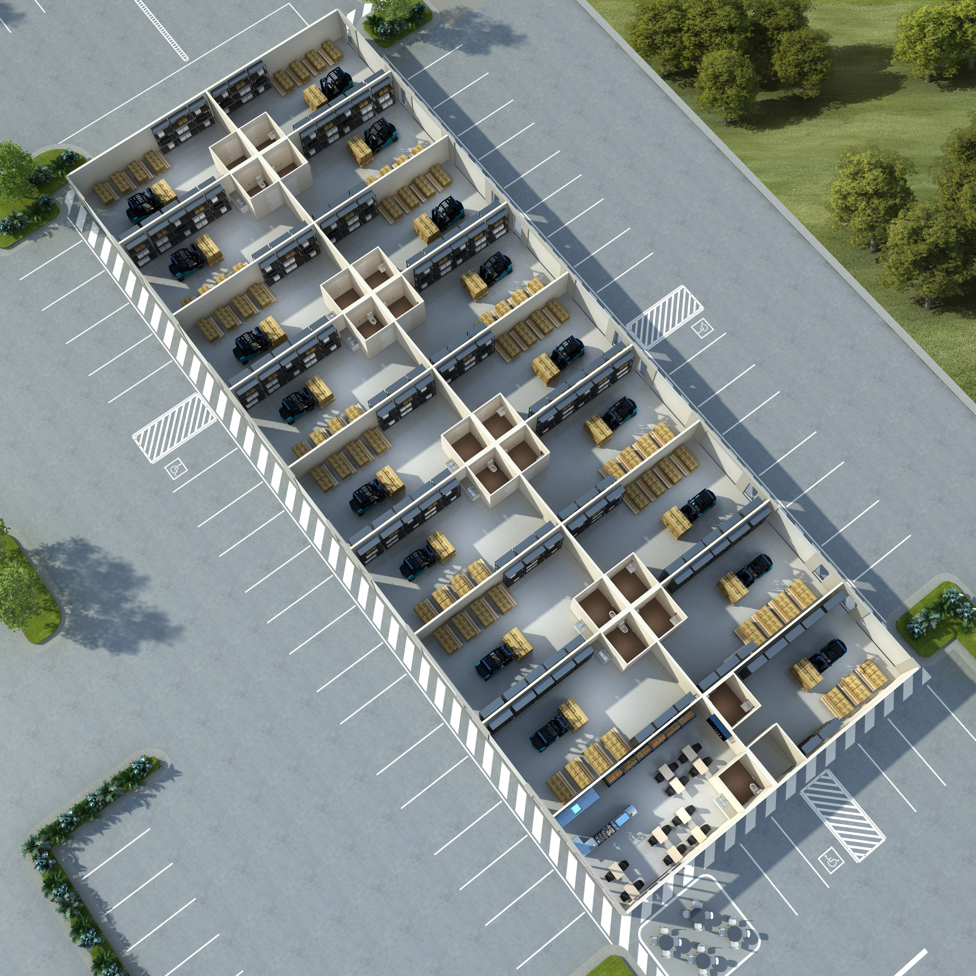 Top view 3D render of a warehouse floor plan showing storage units, internal layout, and commercial space planning