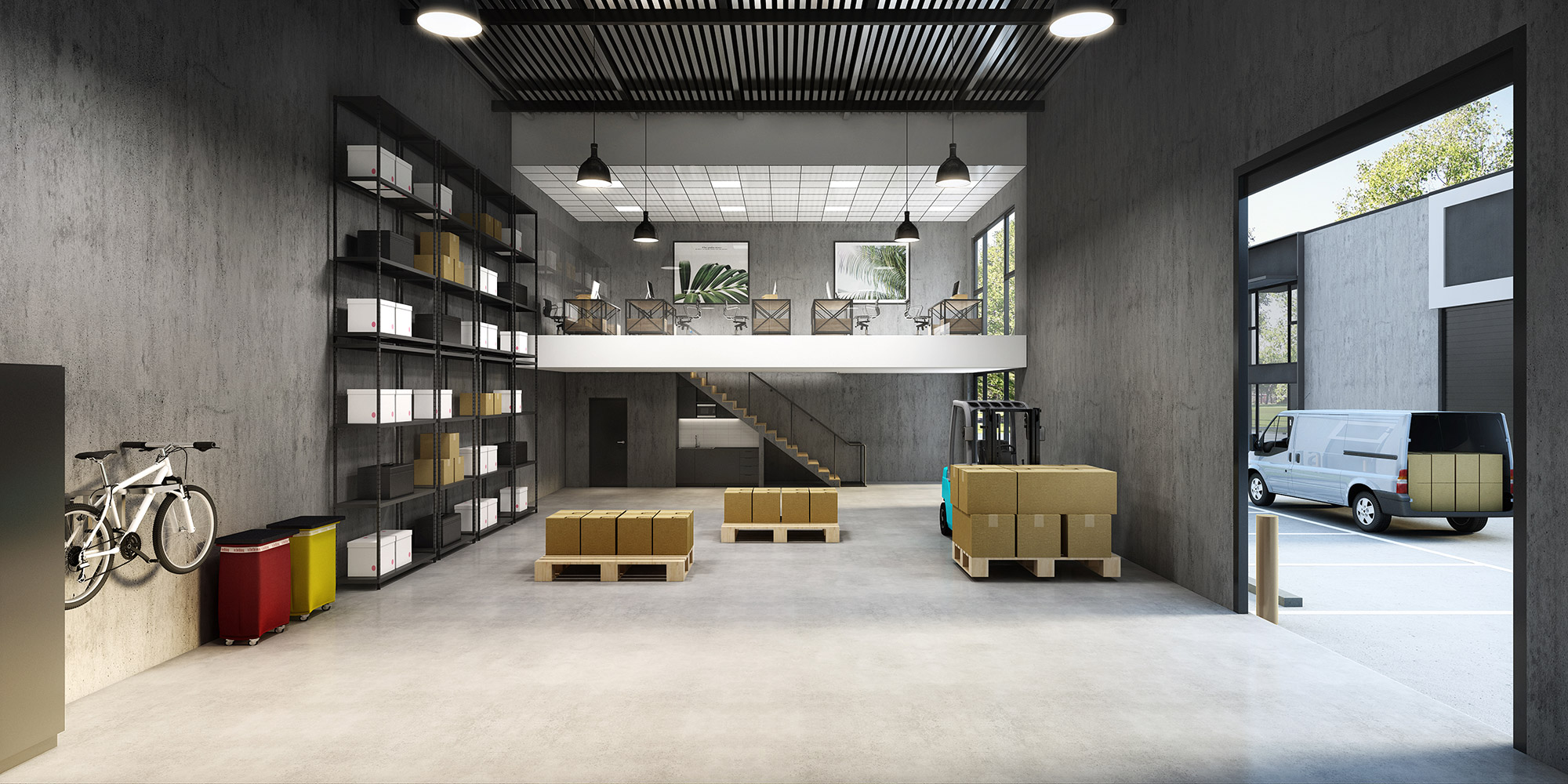 3D rendering of warehouse interior with forklift, pallet storage, shelving, and large-scale industrial logistics space