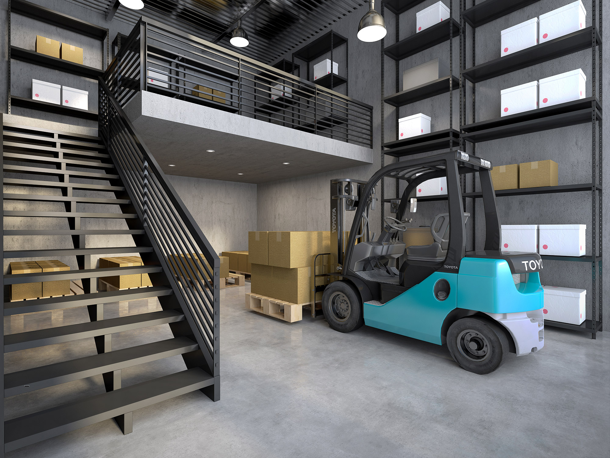 Photorealistic 3D render of a warehouse interior with forklift, shelving systems, and storage boxes