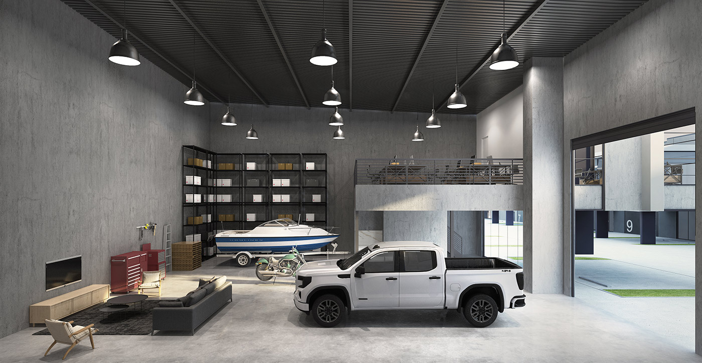 Photorealistic 3D render of warehouse interior with mezzanine level, vehicle storage, shelving, and industrial workspace layout