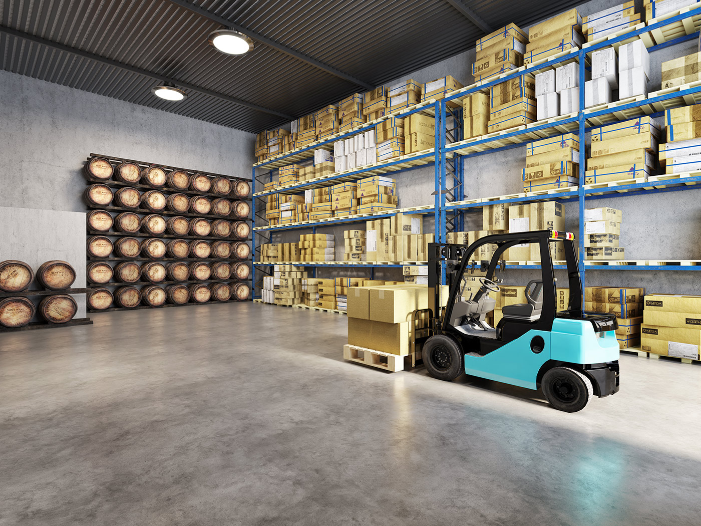 3D render of a warehouse interior with mezzanine level, stairs, storage shelving, and industrial design