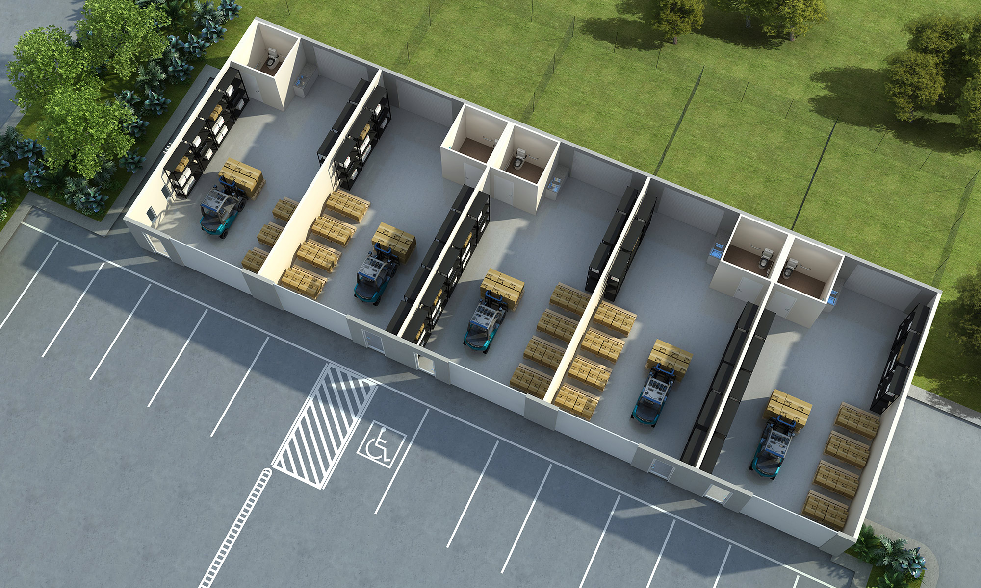 3D rendering of a warehouse layout with storage units and commercial floor plan design from above