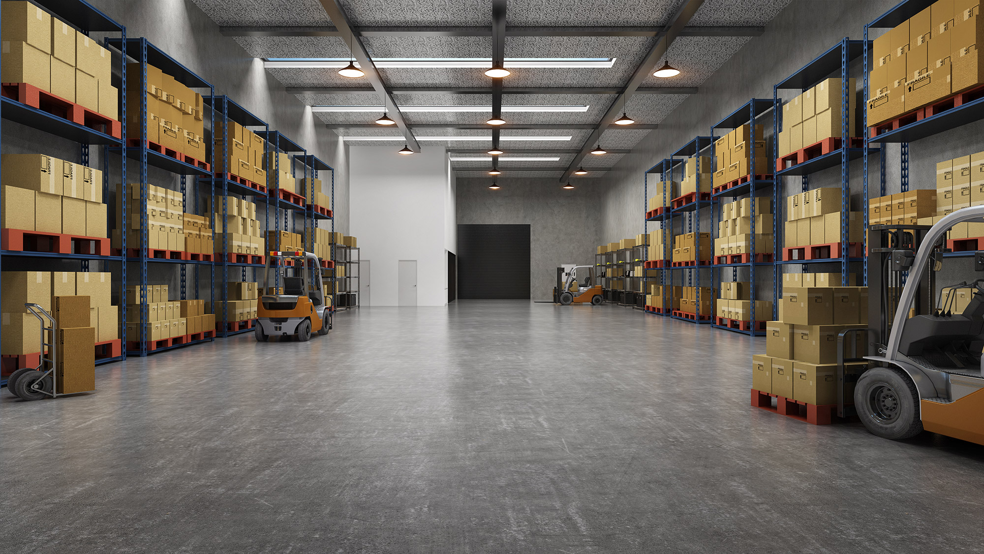 Large warehouse storage facility with industrial shelving, pallets, boxes and forklifts