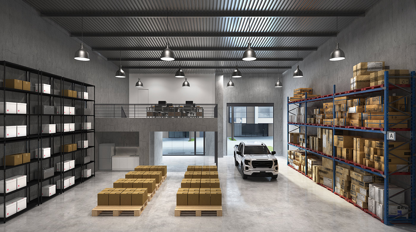 3D rendering of warehouse storage layout with shelving systems, pallets, and organized industrial logistics space