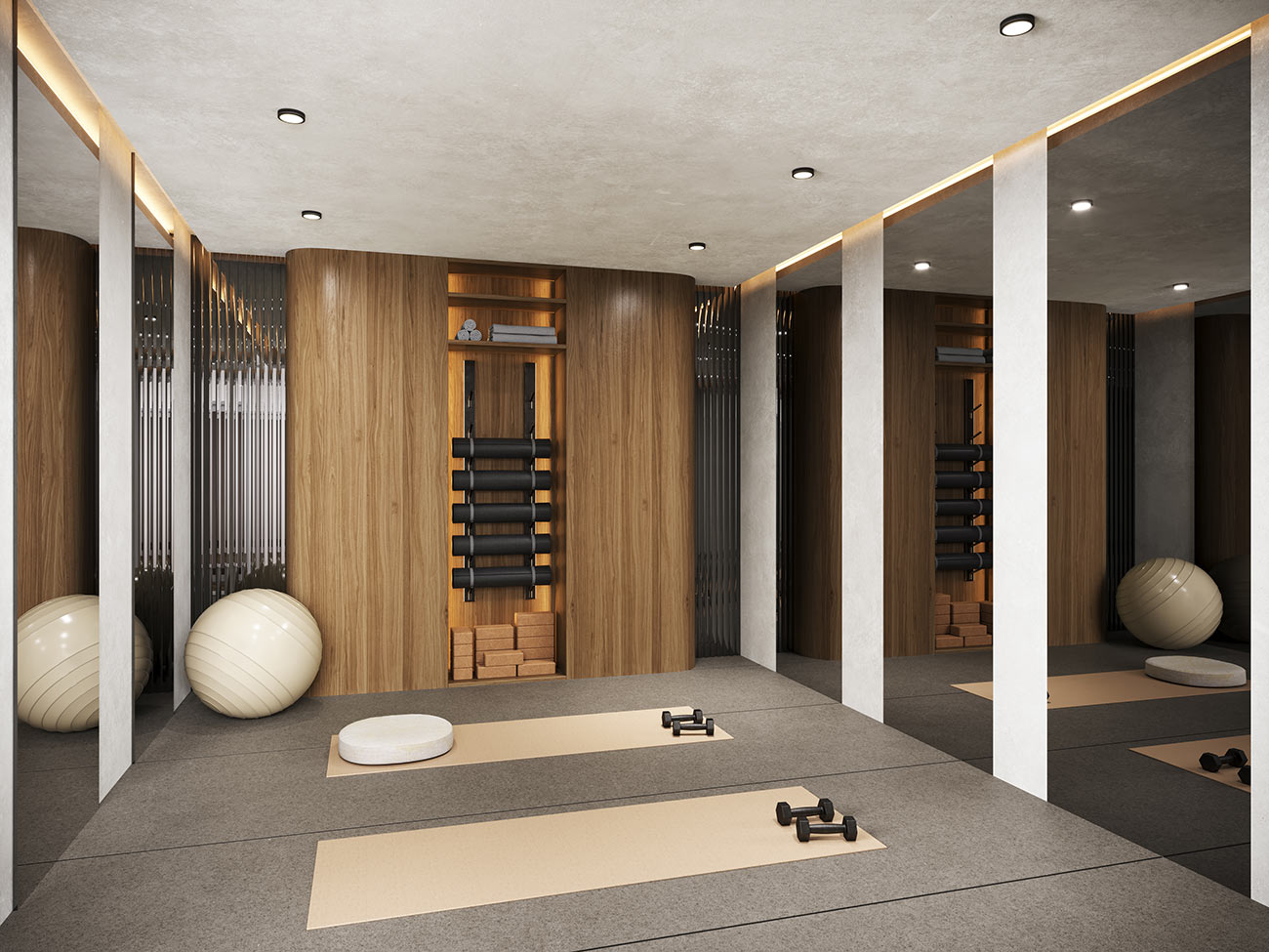 3D Rendering of a modern wellness studio with yoga mats, timber finishes, and a calm minimalist interior design