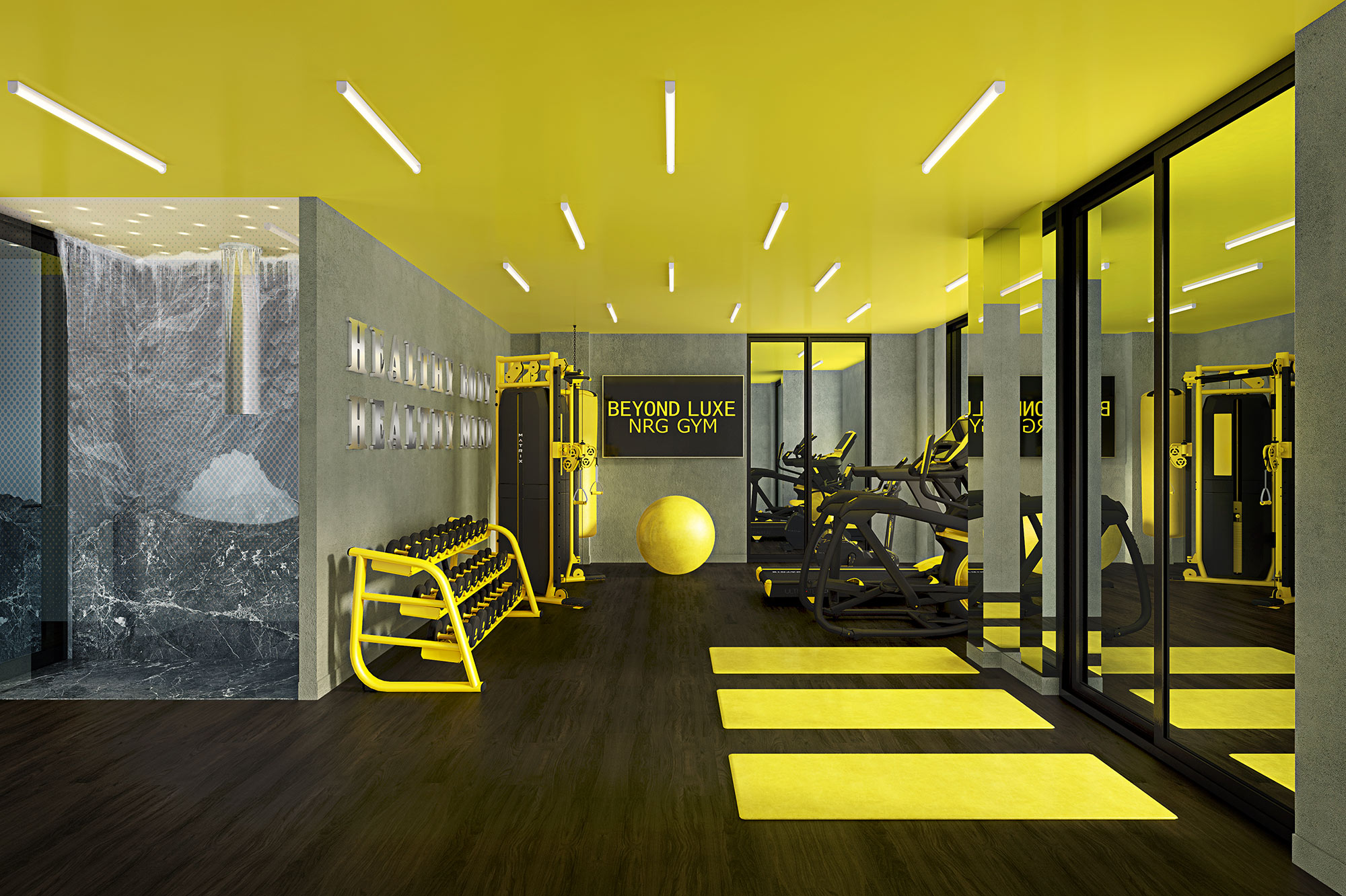 Yellow Accent Gym Fitness Training Room 3d Render