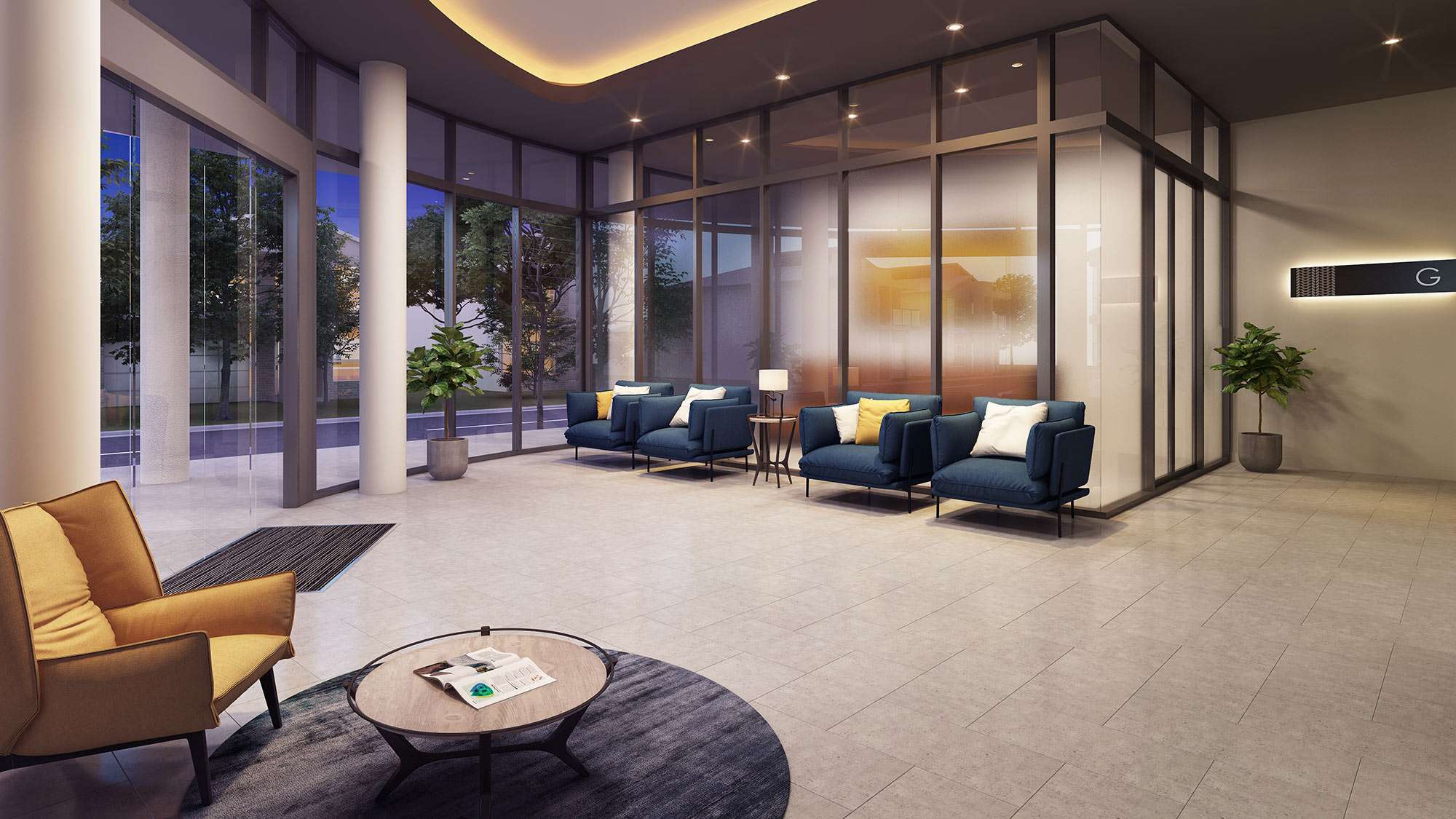 Reception 3D Render of modern commercial lobby interior with lounge seating glass walls ambient lighting and contemporary reception area design