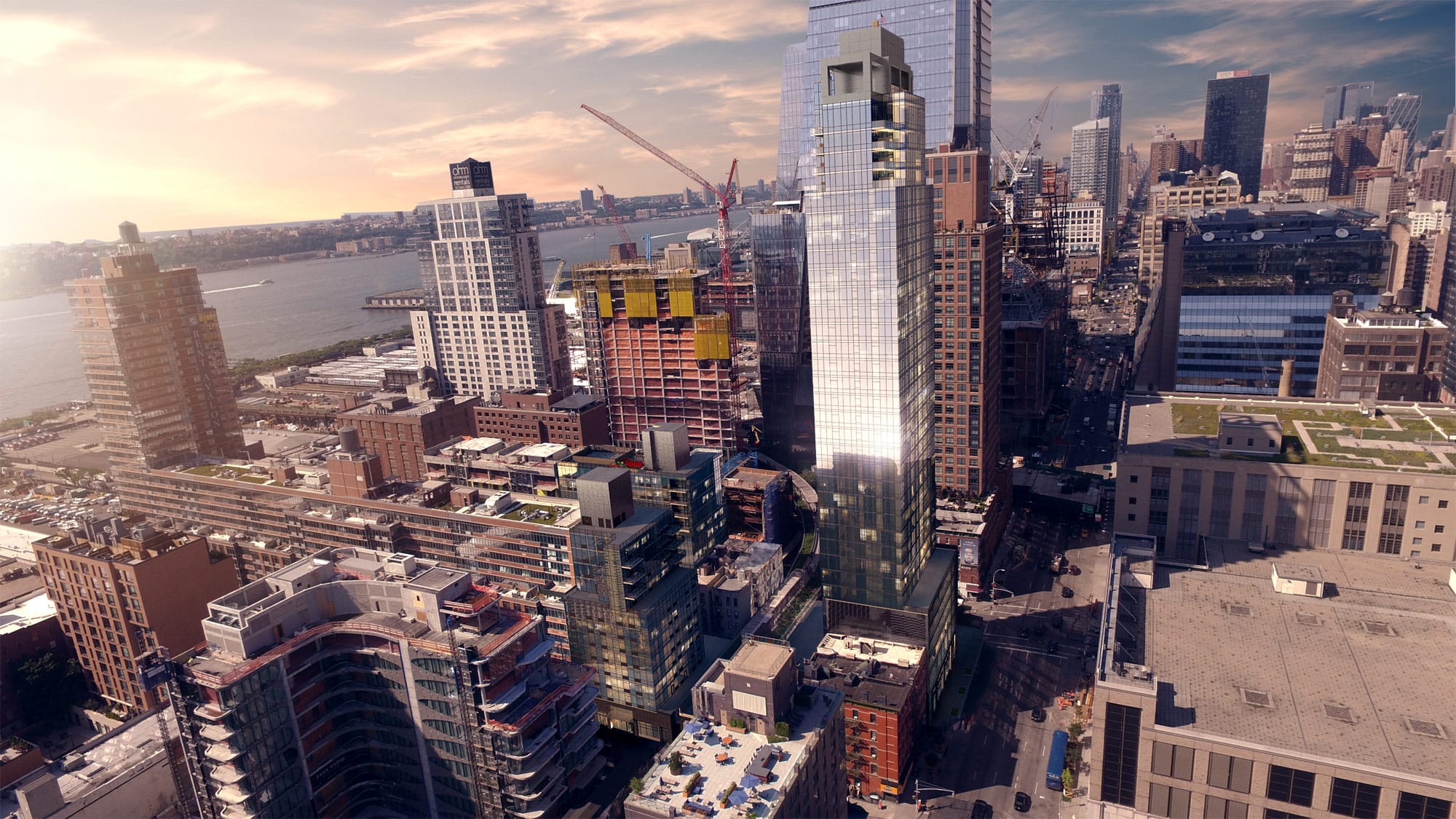 3D render aerial view of dense urban cityscape with high rise buildings construction cranes riverfront and warm sunset lighting