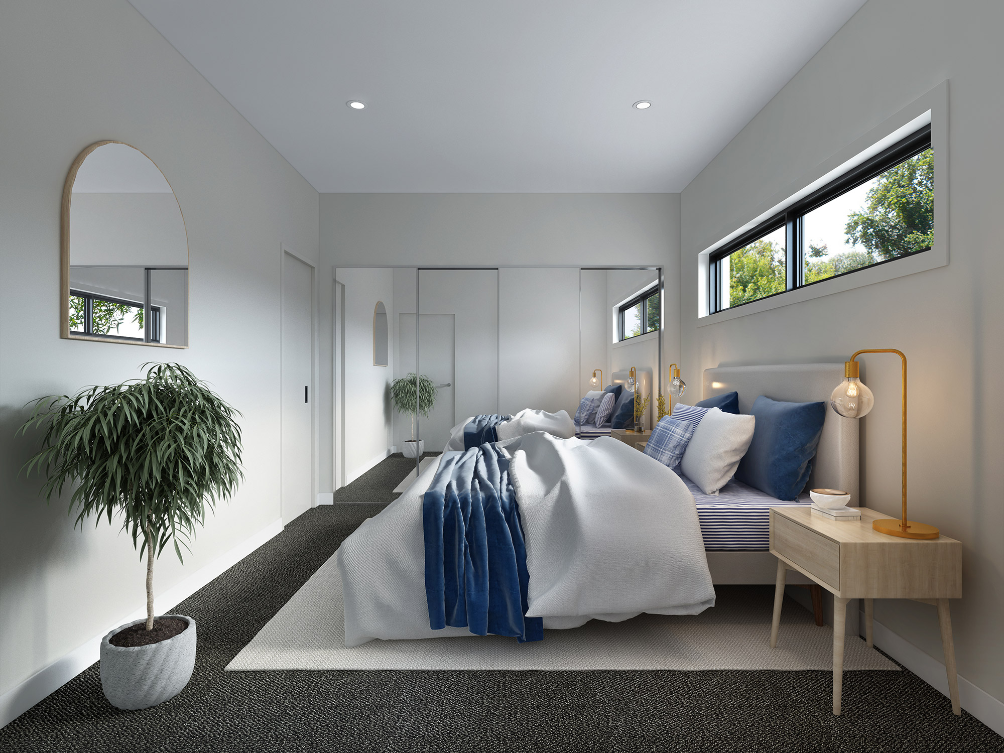 3D Bedroom Rendering modern minimalist bedroom with blue accent wall, king-size bed, bedside tables, and natural light through large windows