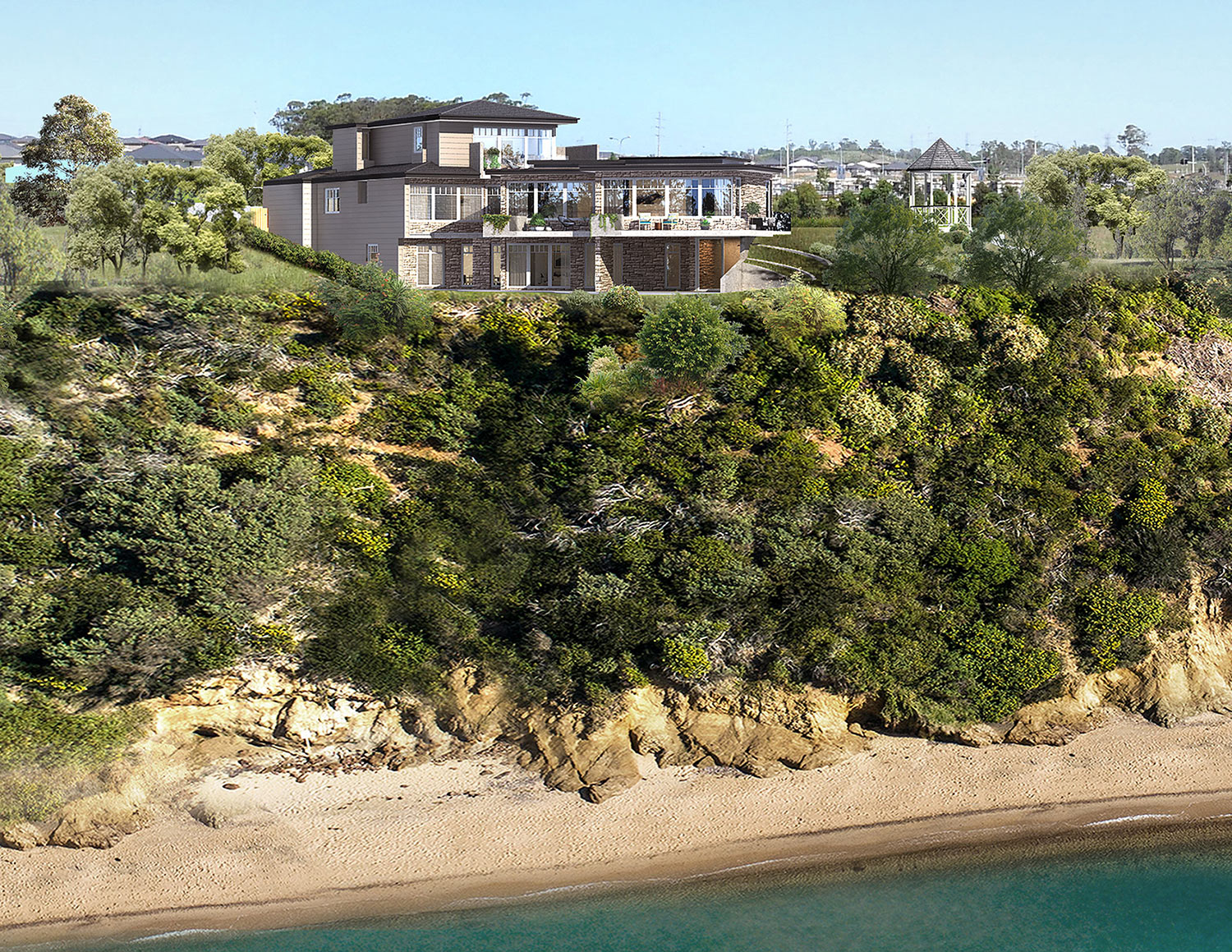 3D Render photomontage of luxury coastal home on cliff overlooking beach and ocean with landscaped greenery and realistic integration into natural environment