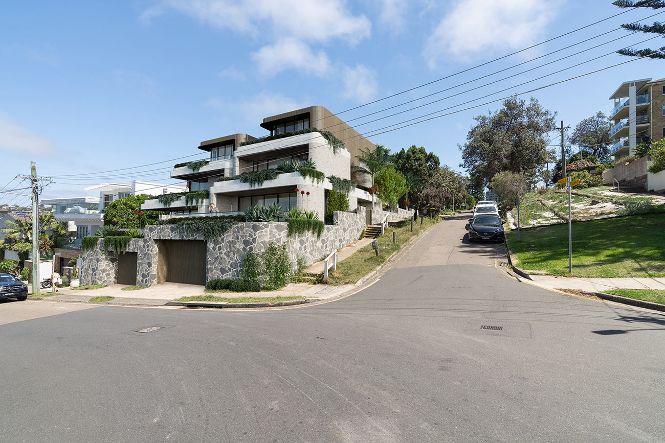 3D Render photomontage of luxury modern coastal home with stone facade layered balconies greenery landscaping and suburban street corner setting