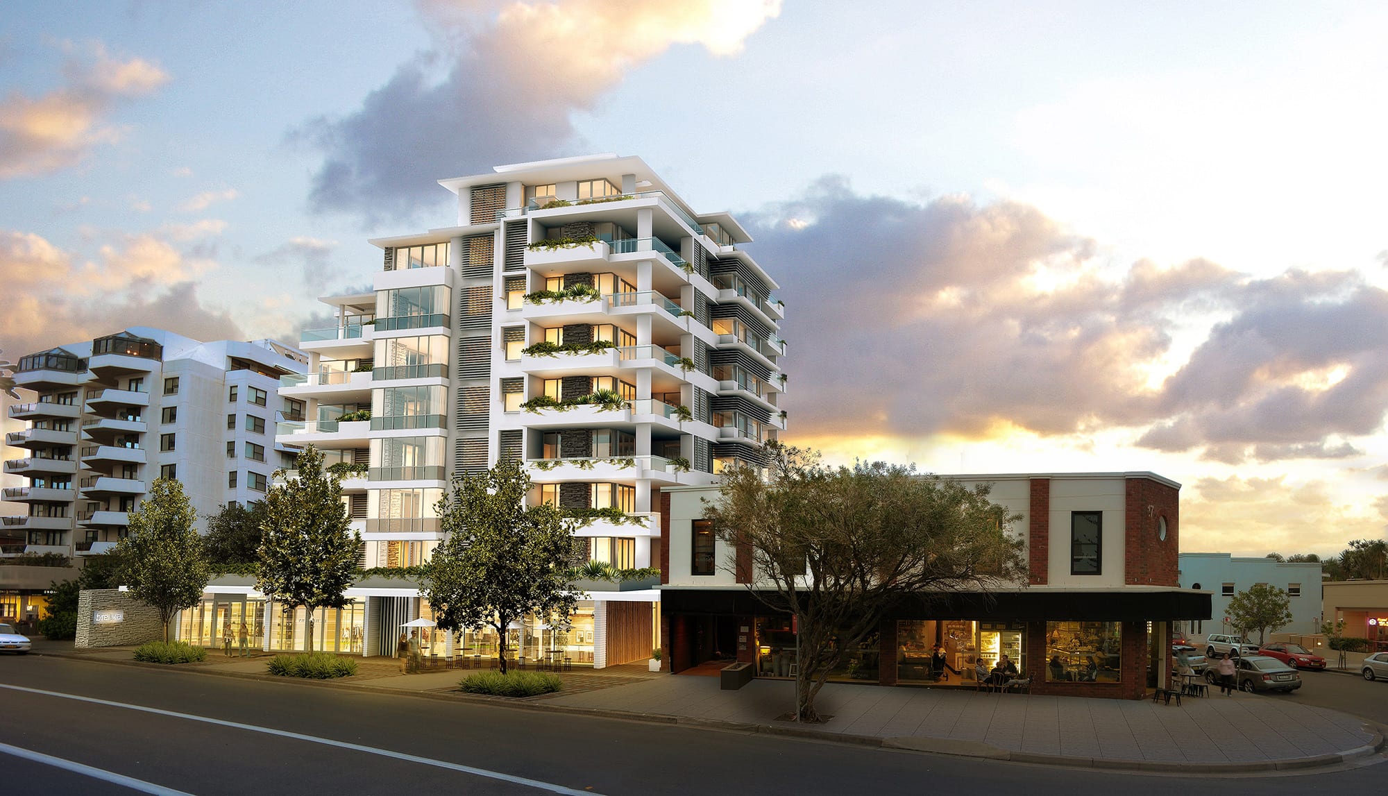 3D Render photomontage of modern apartment building with balconies mixed use ground floor retail urban street scene at sunset with realistic lighting and environment integration