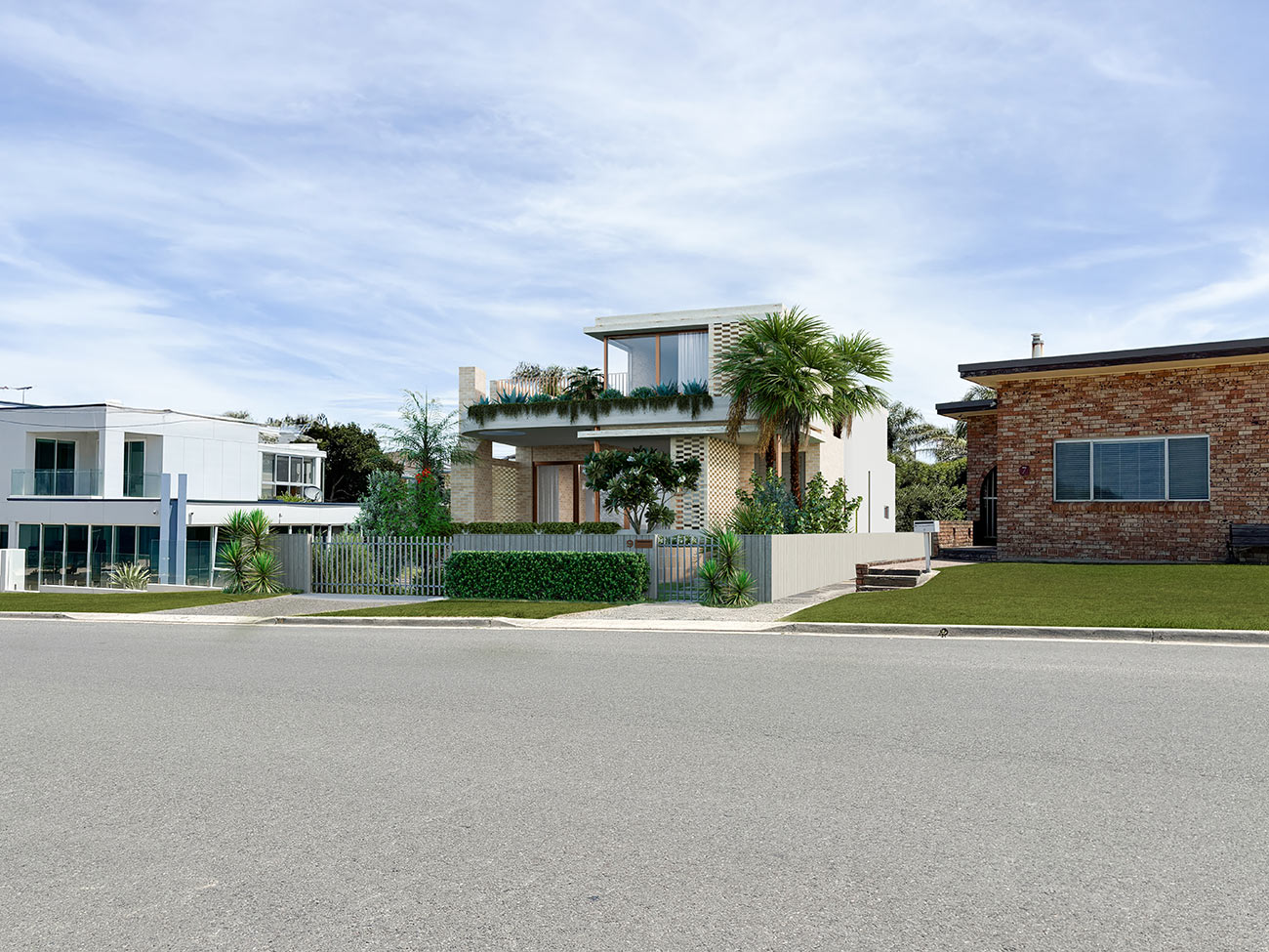 3D Render photomontage of modern coastal house facade with balcony greenery palm trees front yard landscaping and suburban residential street context
