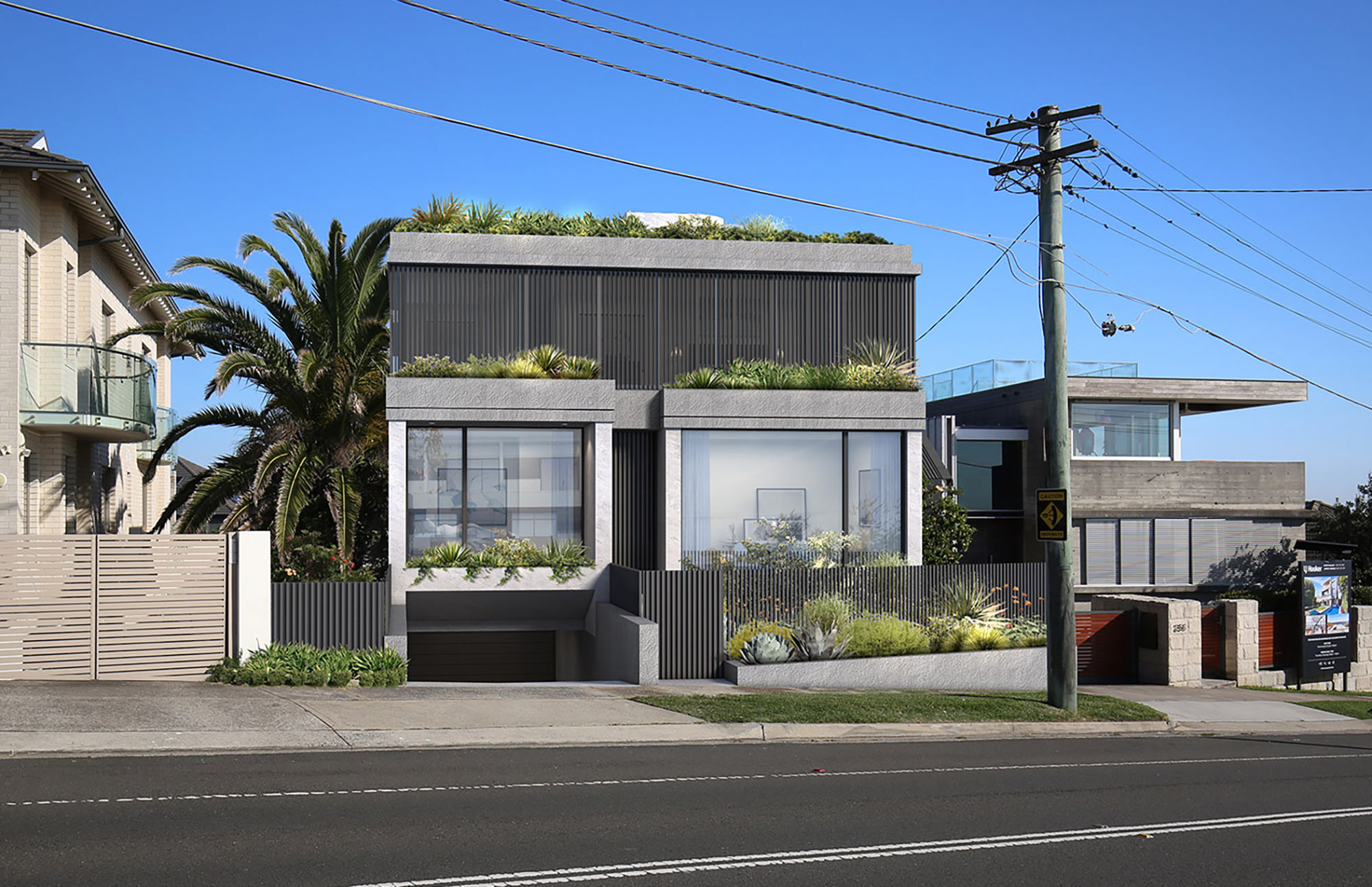 3D Render photomontage of modern contemporary house facade with landscaped front yard large windows urban street setting and surrounding residential buildings