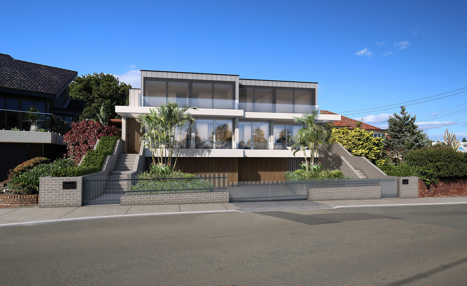 3D Render photomontage of modern duplex residential home with contemporary facade landscaping and realistic integration into suburban street environment