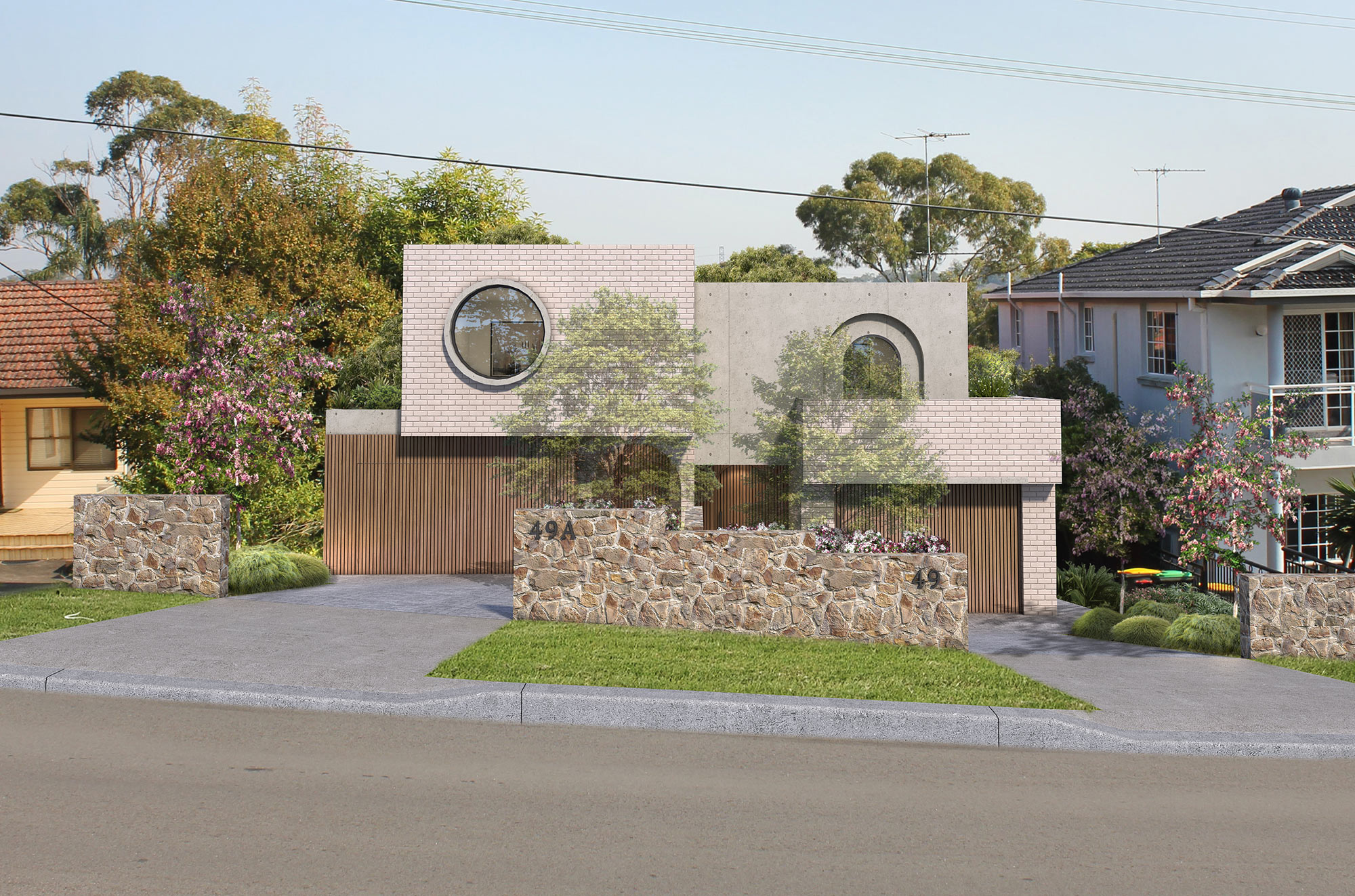 3D Render photomontage of modern duplex house facade with circular windows stone wall landscaping driveway and suburban residential street context