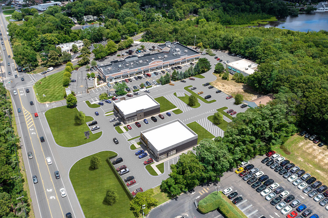 3D Render photomontage aerial view of retail shopping center site plan with parking layout commercial buildings road access and realistic integration into existing environment