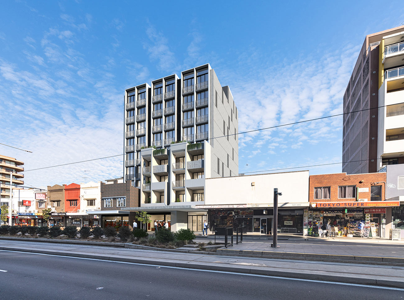 3D Render photomontage of modern urban apartment building with balconies above street level retail shops integrated into existing city streetscape with realistic lighting