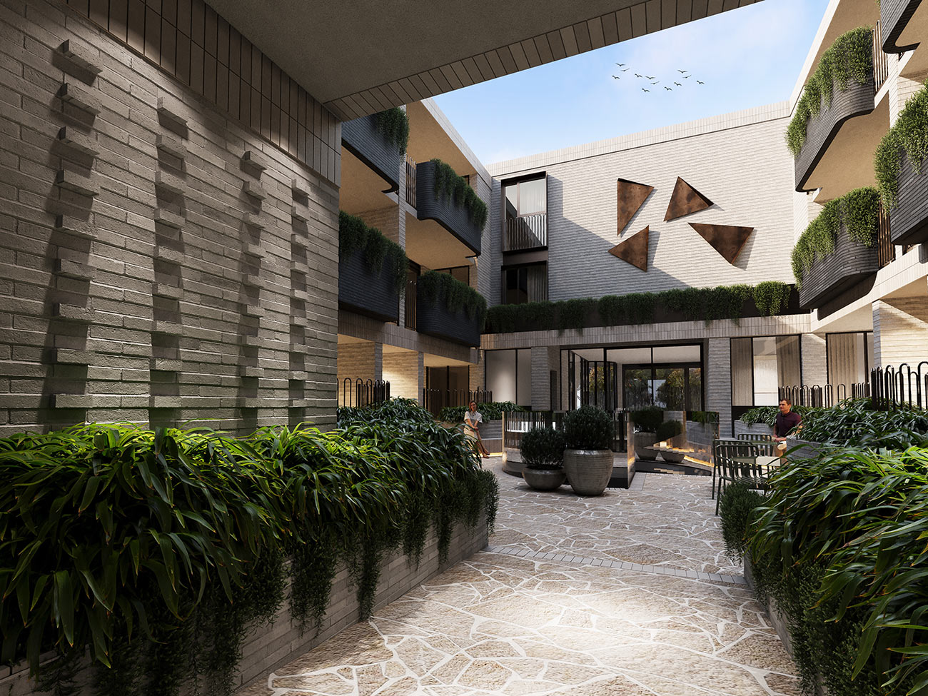 Backyard Rendering USA 3D render of modern apartment courtyard with landscaped garden pathways communal seating greenery and architectural facade