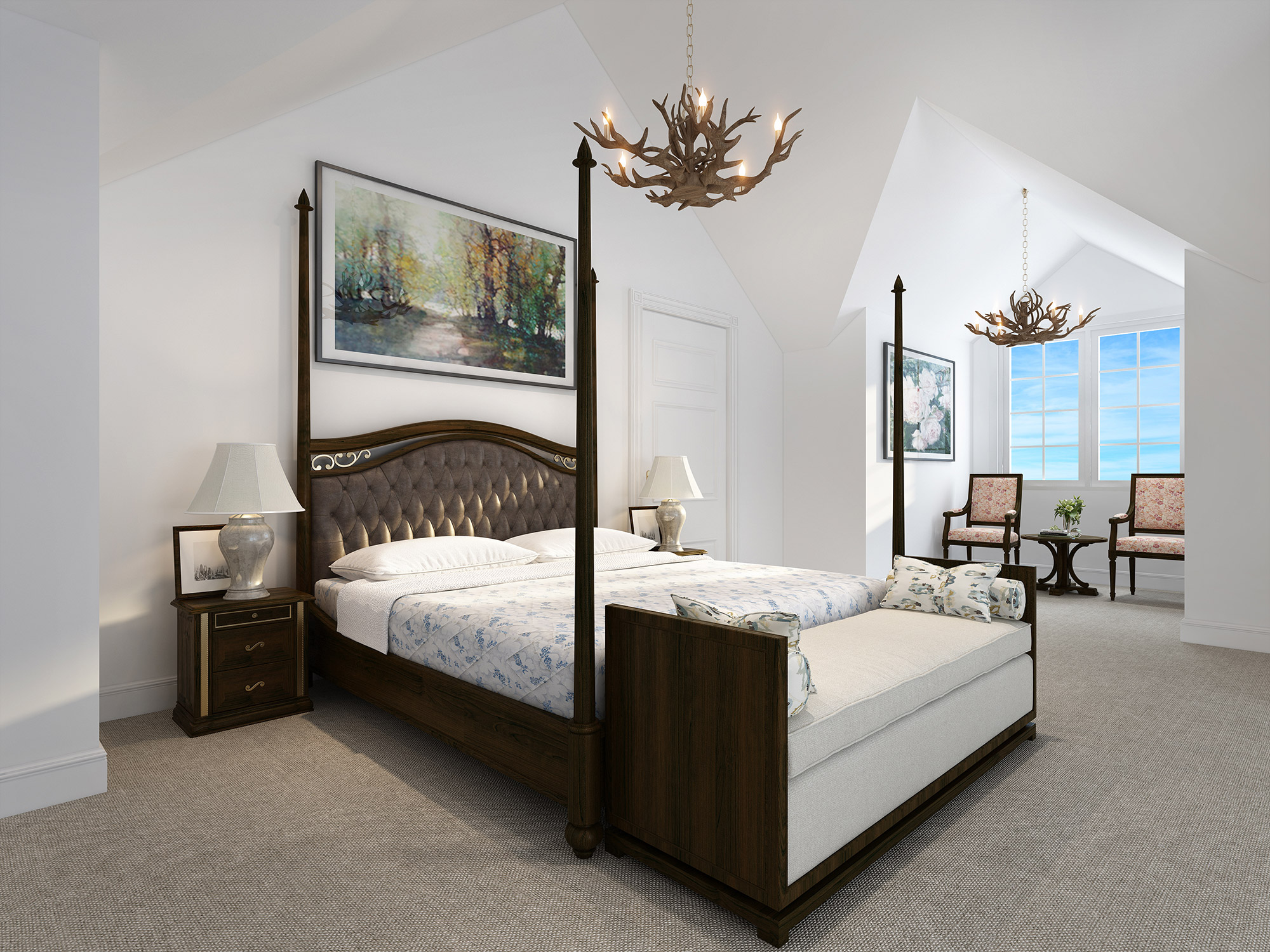 3D render classic bedroom with wooden four poster bed vaulted ceiling chandelier traditional furniture and soft neutral decor