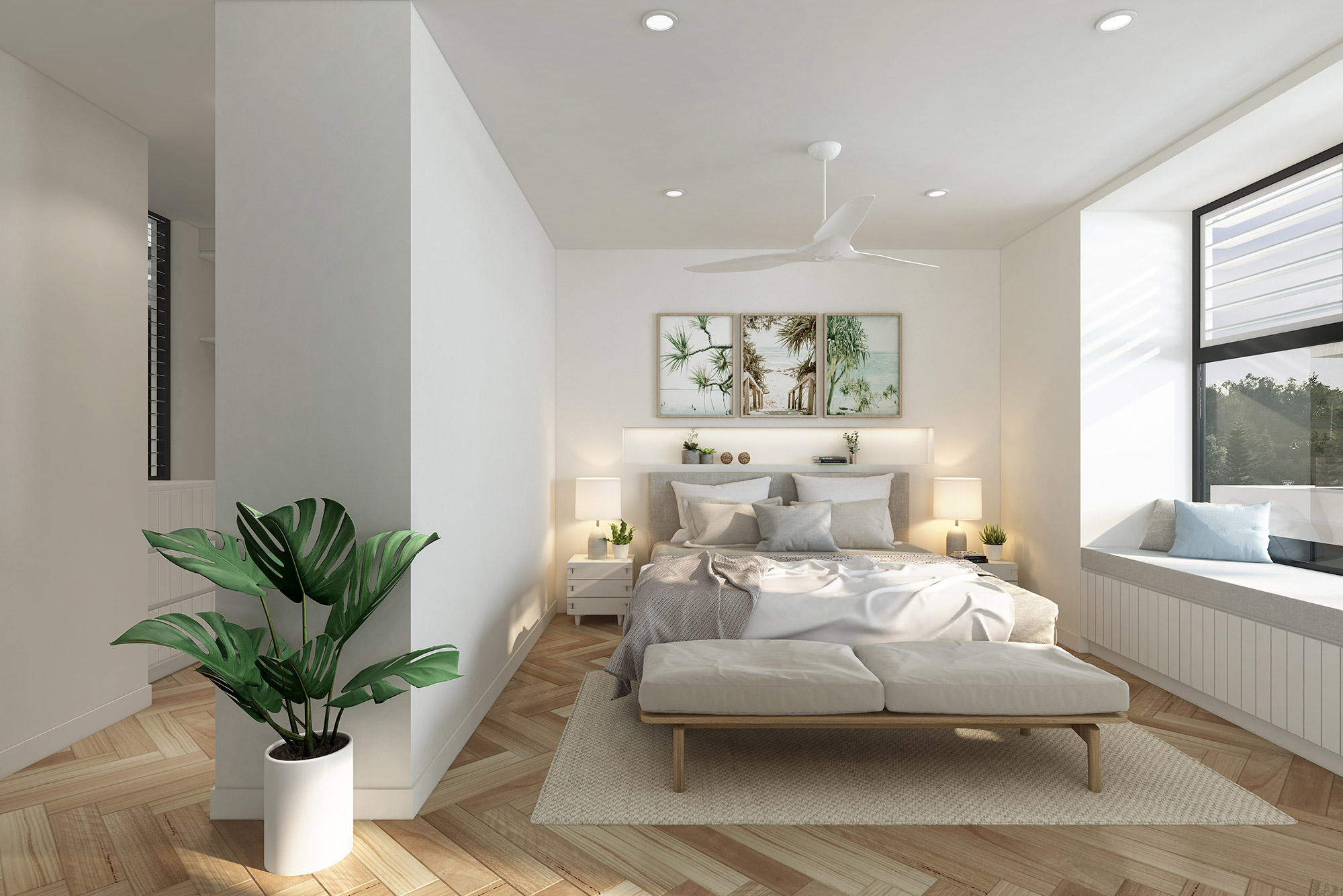 3D render coastal bedroom with natural light neutral tones wooden flooring built in window seat indoor plant and minimalist decor
