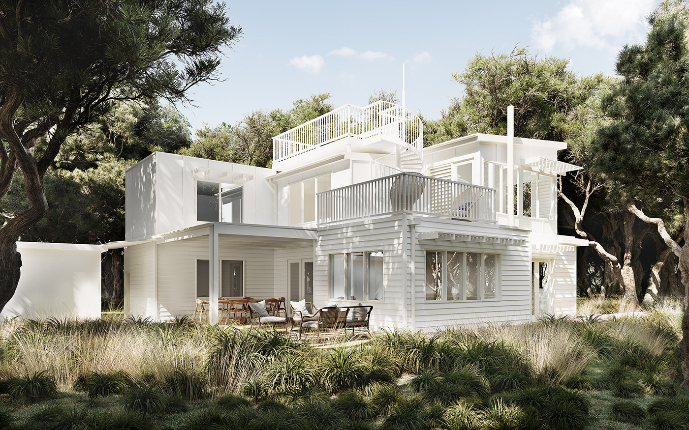 Coastal modern home with white exterior, timber decking and natural landscaped surroundings