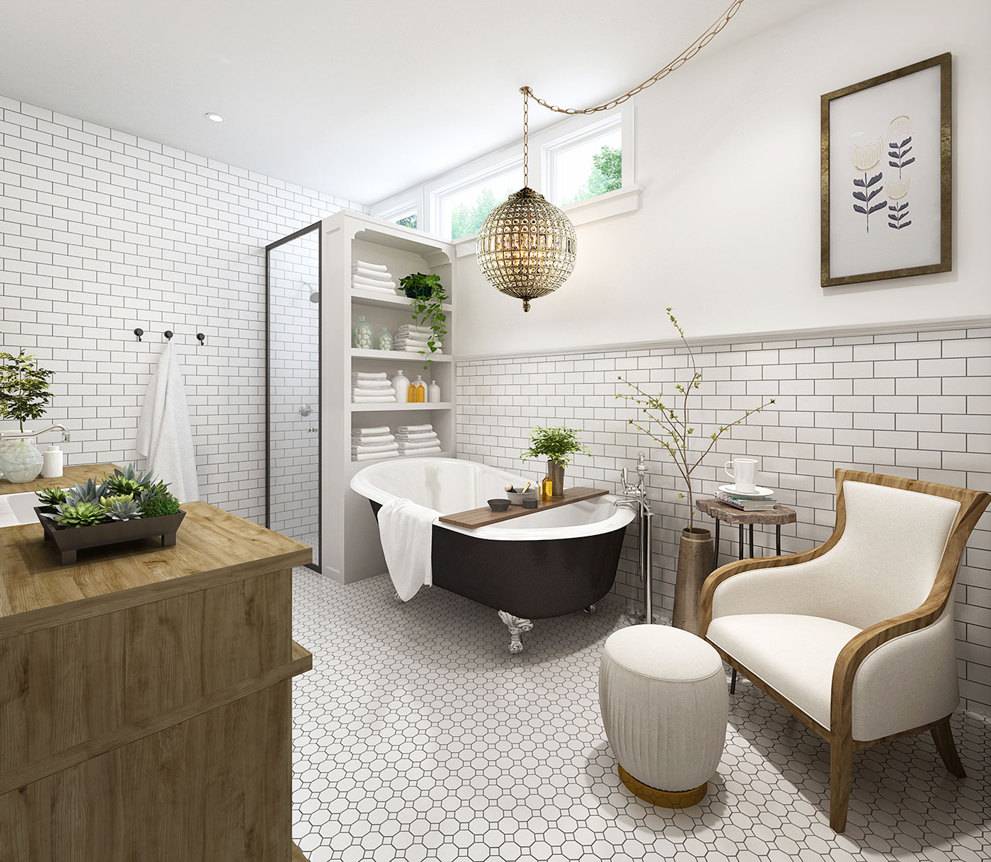 3D render bathroom with freestanding black bathtub white subway tiles hexagon floor pendant light wood vanity chair spa style interior
