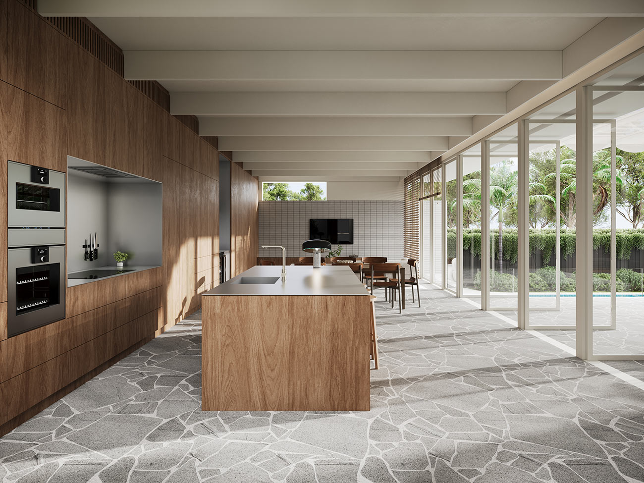 3D Render of modern kitchen featuring indoor outdoor connection wood cabinetry stone flooring large glass walls kitchen island and contemporary architectural design