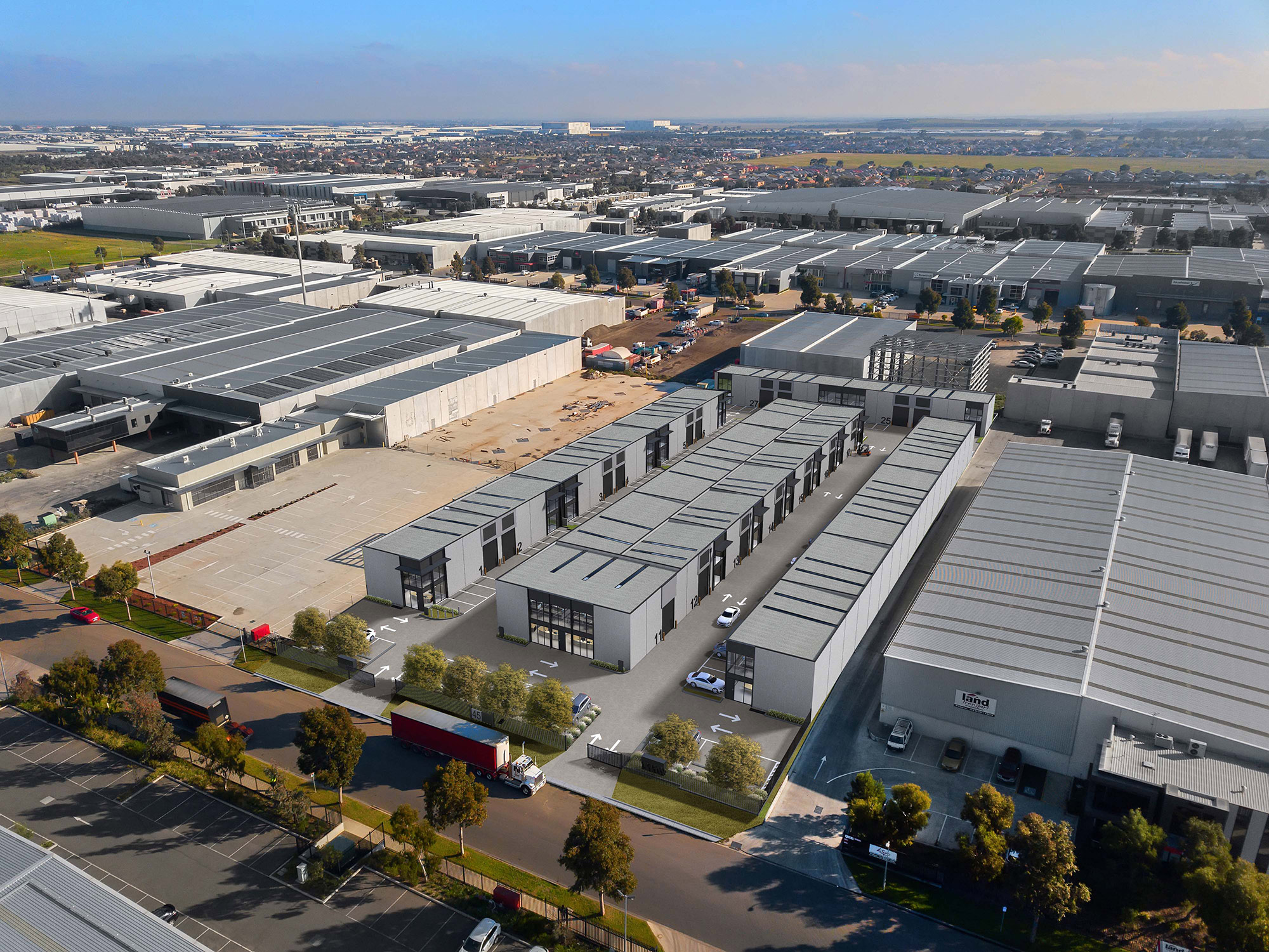 Industrial 3D Rendering aerial view of modern warehouse development with commercial units logistics facilities parking areas and surrounding industrial estate