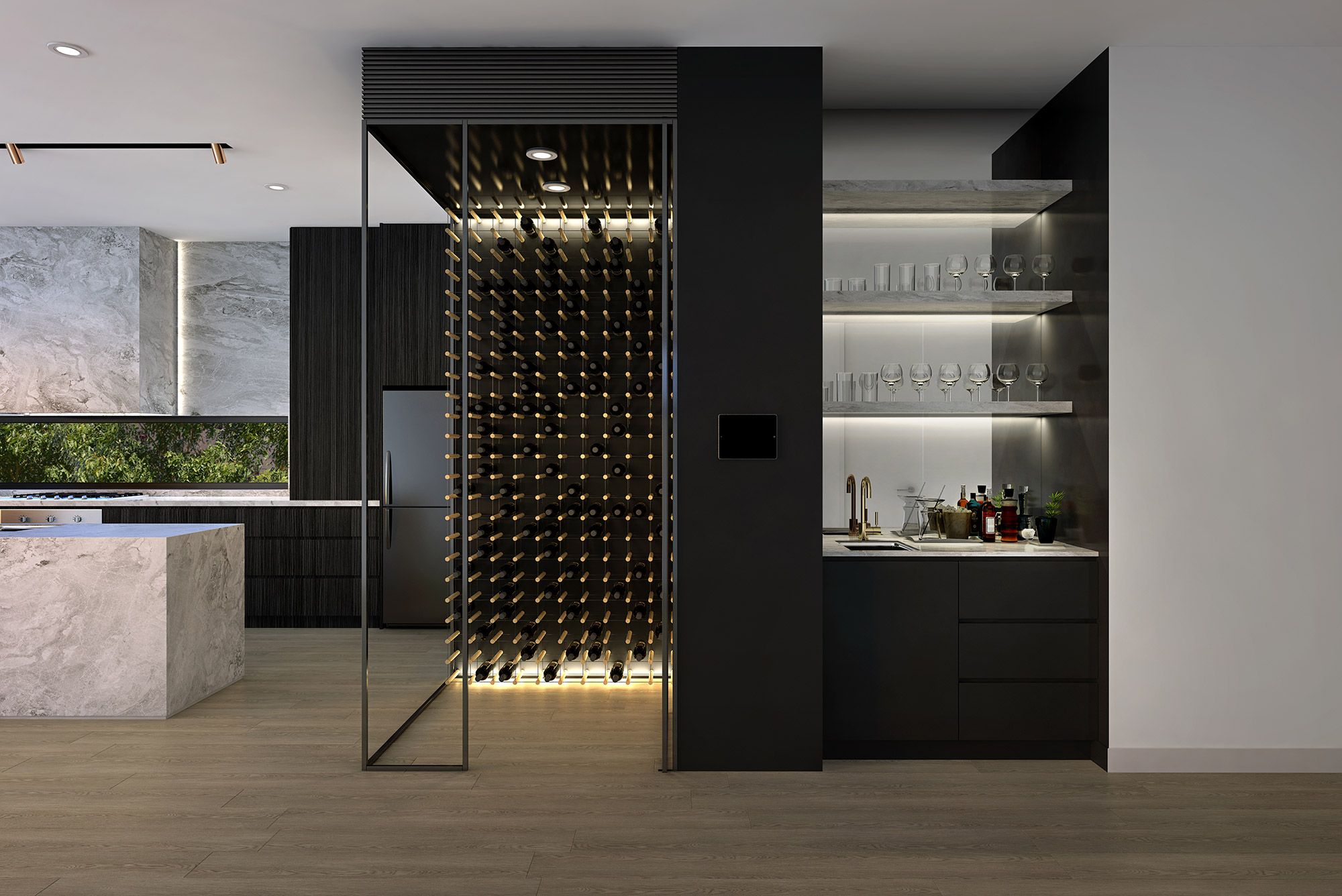 Kitchen 3D Rendering Services USA Modern Kitchen with Wine Cellar and Bar Display