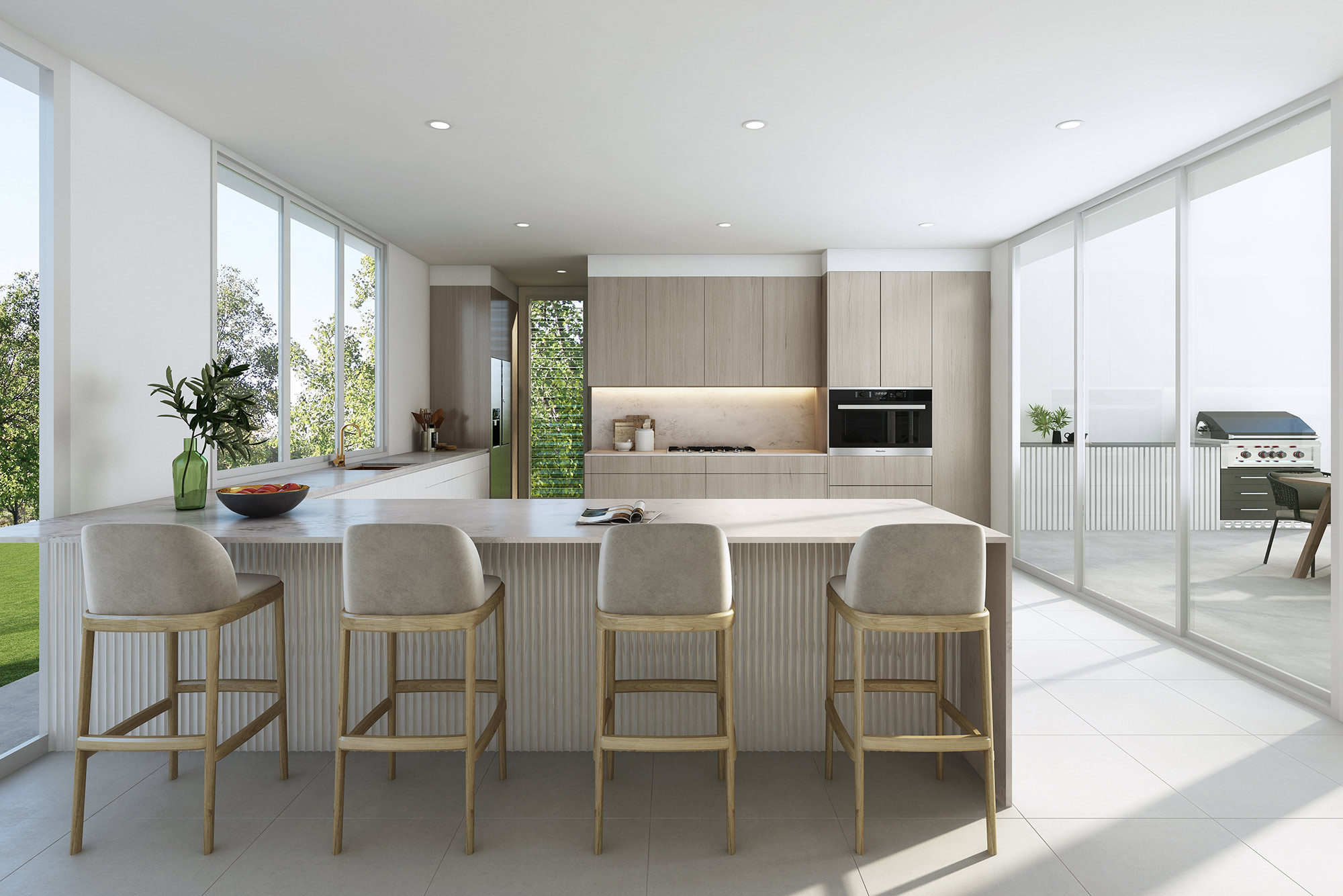 3D Render of light filled modern kitchen featuring timber cabinetry large island bar seating floor to ceiling windows indoor outdoor connection and contemporary interior design