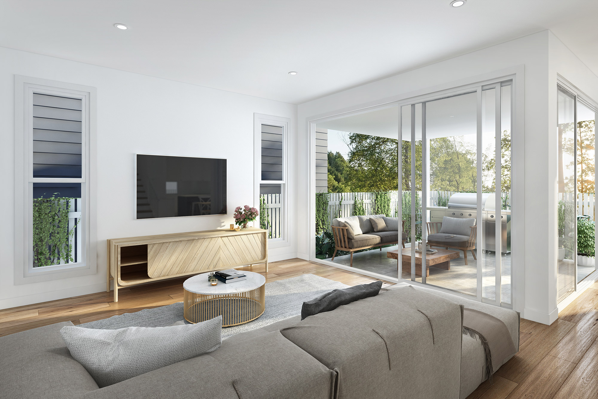 Living & Alfresco 3D Rendering Services in USA modern living room with sliding glass doors connecting to outdoor patio seating and alfresco dining area