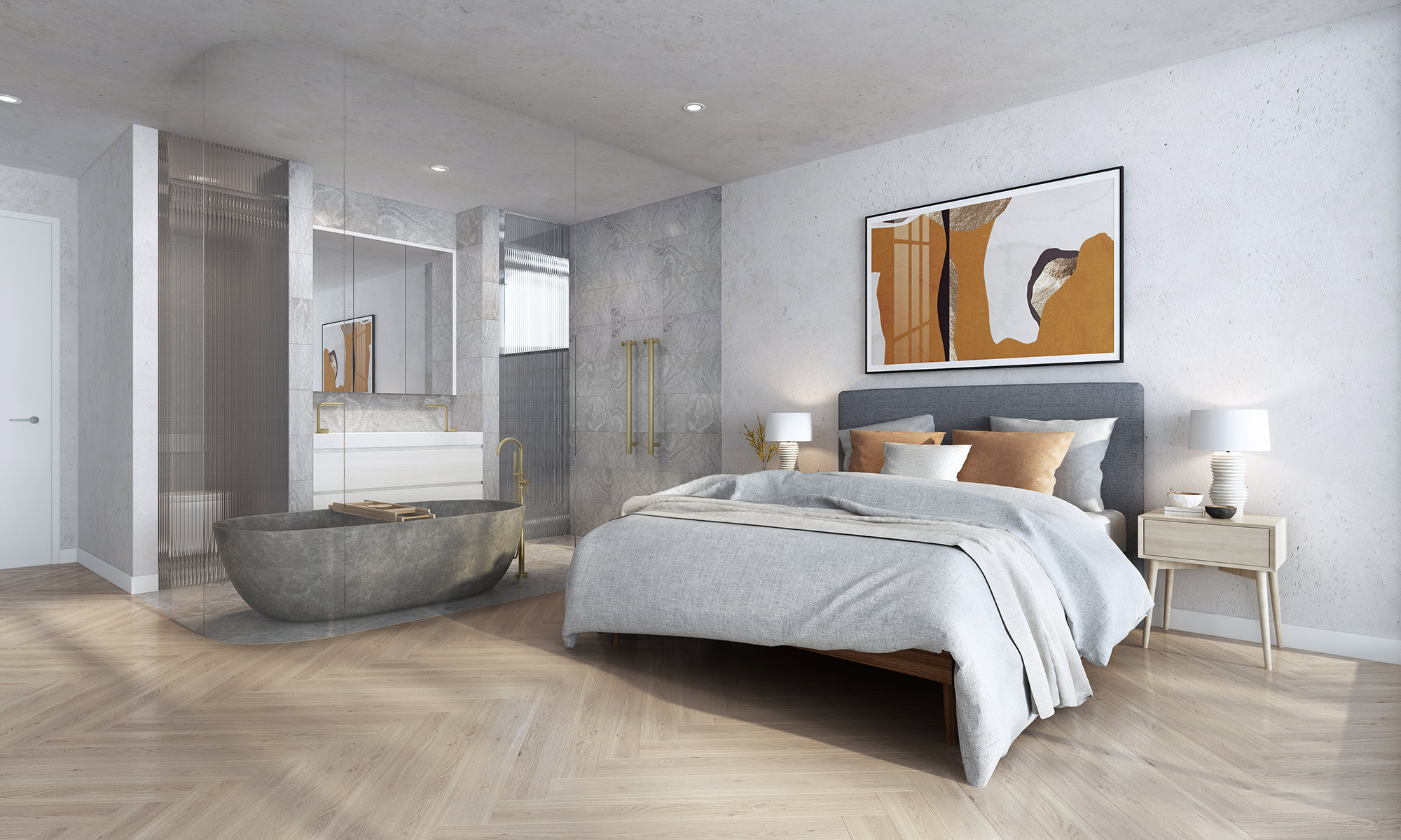 3D render luxury bedroom with open bathroom freestanding bathtub glass partition stone textures modern fixtures and soft neutral styling