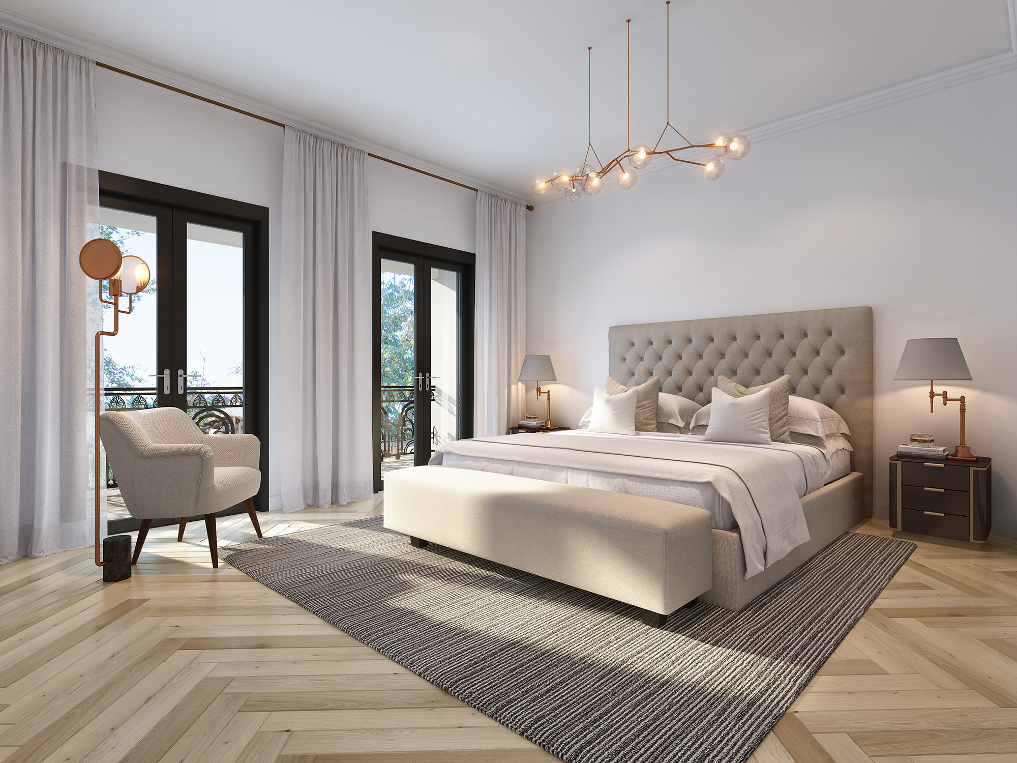 3D render luxury bedroom with tufted headboard pendant lighting bedside lamps large windows soft curtains and elegant neutral styling