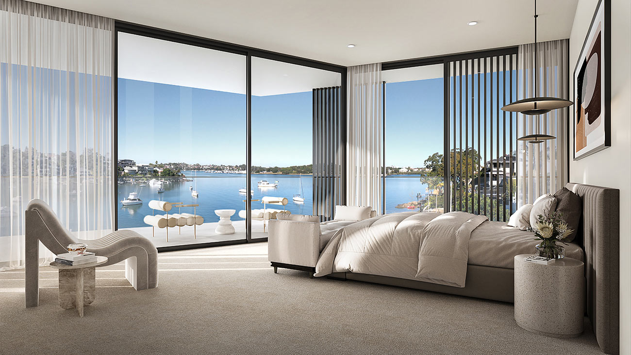 3D Render of luxury waterfront bedroom featuring floor to ceiling windows panoramic water views modern furniture soft neutral tones and contemporary interior styling