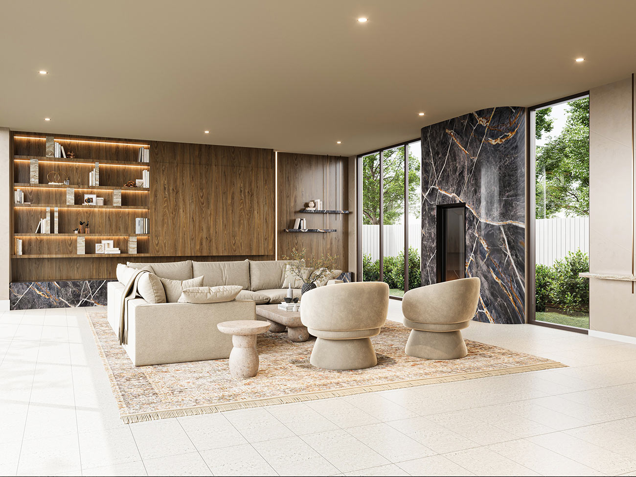 3D render luxury living room with marble fireplace wood wall paneling built in shelving large windows modern interior design