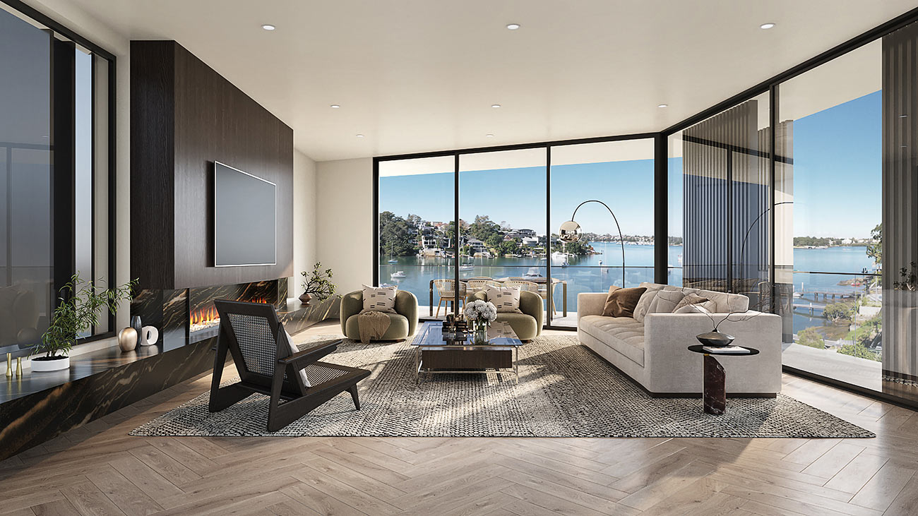 3D render Luxury Living Room Waterfront View Modern Interior Floor To Ceiling Windows 2