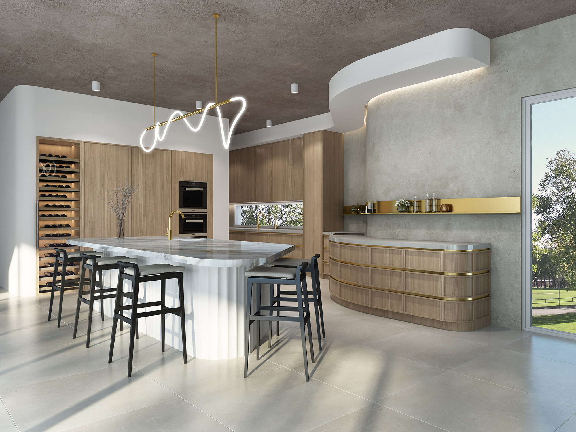 3D Render of luxury modern kitchen featuring curved island marble benchtop timber cabinetry statement lighting wine storage and contemporary interior design