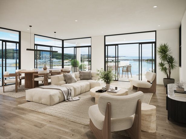 Luxury Modern Living Room 3d Rendering Open Plan Ocean View Glass Walls Contemporary Interior 01